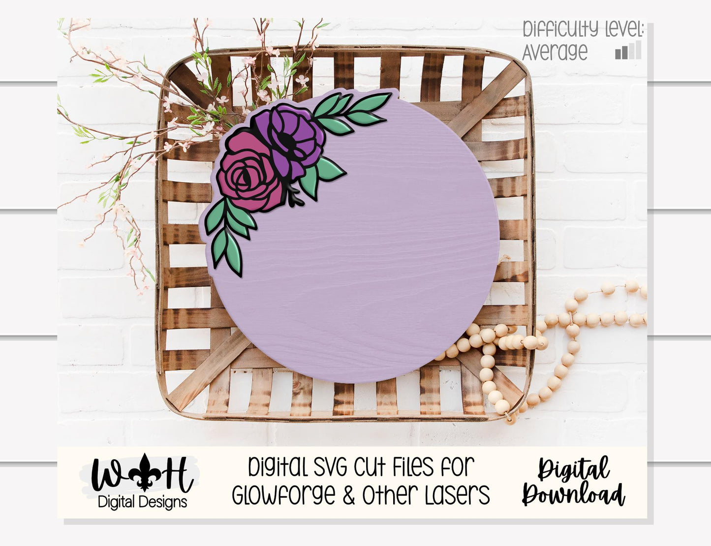 Anna Louise Outline Florals - Door Hanger Rounds - Sign Making and DIY Kits - Layered Floral Cut File For Glowforge Laser - Digital SVG File