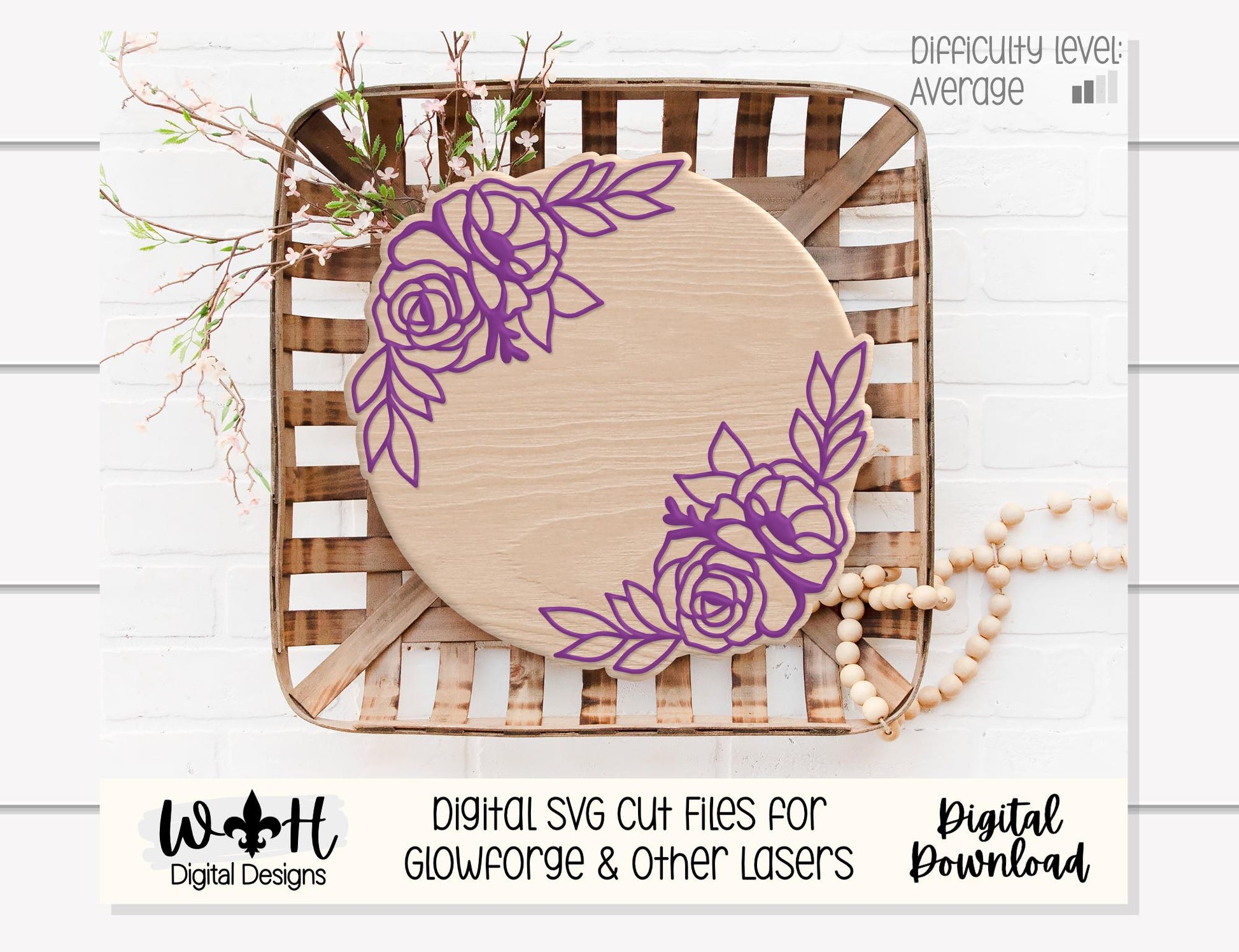 Anna Louise Outline Florals - Door Hanger Rounds - Sign Making and DIY Kits - Layered Floral Cut File For Glowforge Laser - Digital SVG File