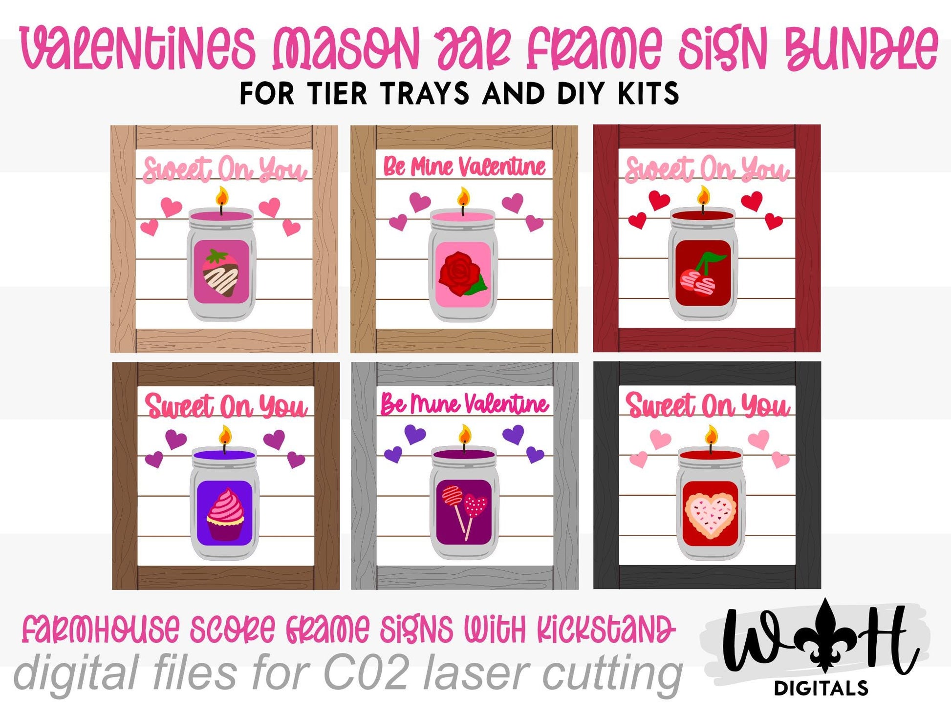 Valentine's Mason Jar Candle Farmhouse Frame Sign Bundle - Tiered Tray Decor and DIY Kits - Cut File For Glowforge Lasers - Digital SVG File