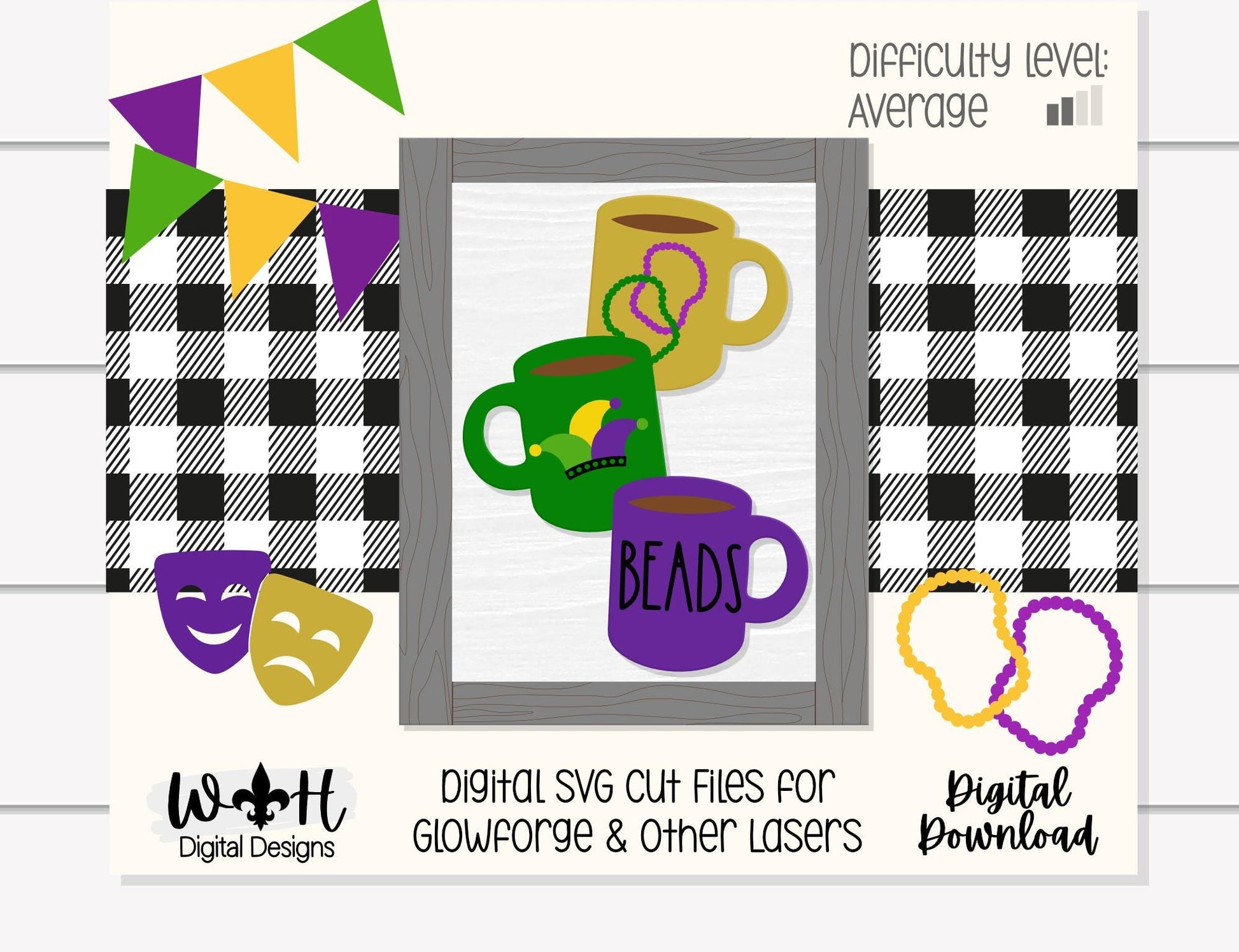 Mardi Gras Beads Stacked Coffee Mugs - Farmhouse Frame Sign - Tier Tray Decor - DIY Kits - Cut File For Glowforge Lasers - Digital SVG Files