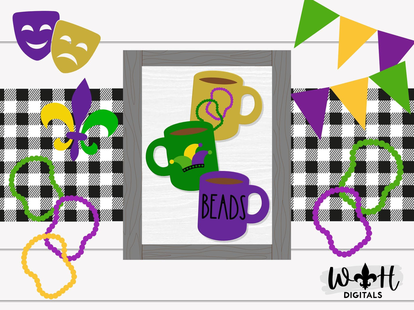 Mardi Gras Beads Stacked Coffee Mugs - Farmhouse Frame Sign - Tier Tray Decor - DIY Kits - Cut File For Glowforge Lasers - Digital SVG Files