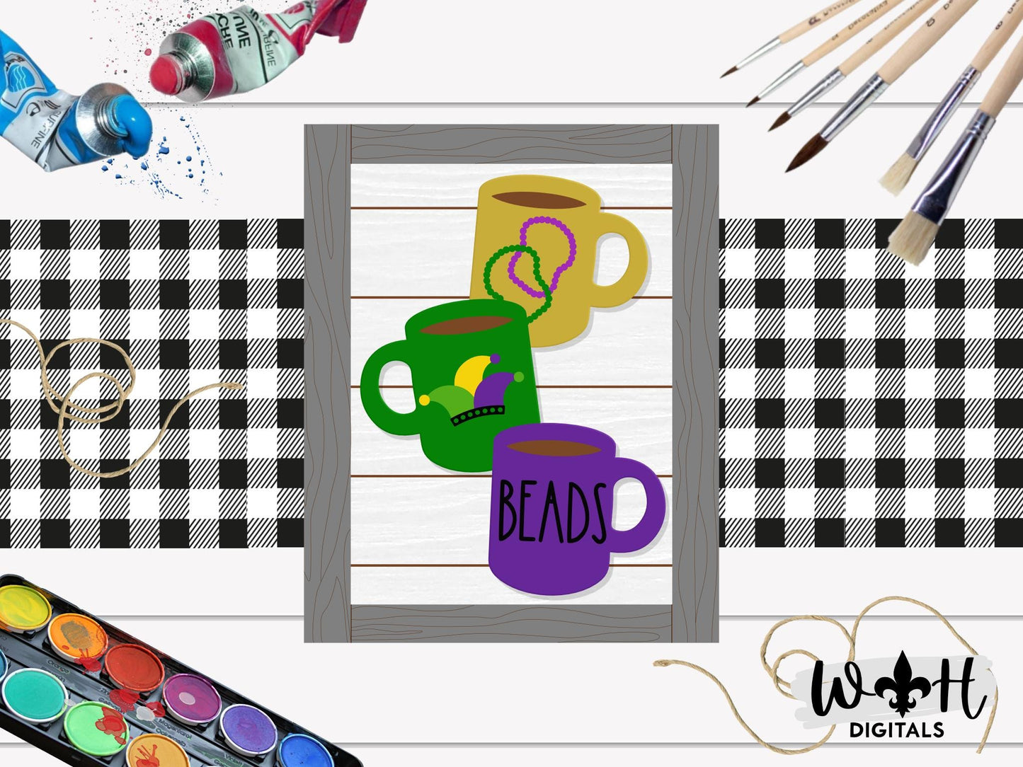 Mardi Gras Beads Stacked Coffee Mugs - Farmhouse Frame Sign - Tier Tray Decor - DIY Kits - Cut File For Glowforge Lasers - Digital SVG Files