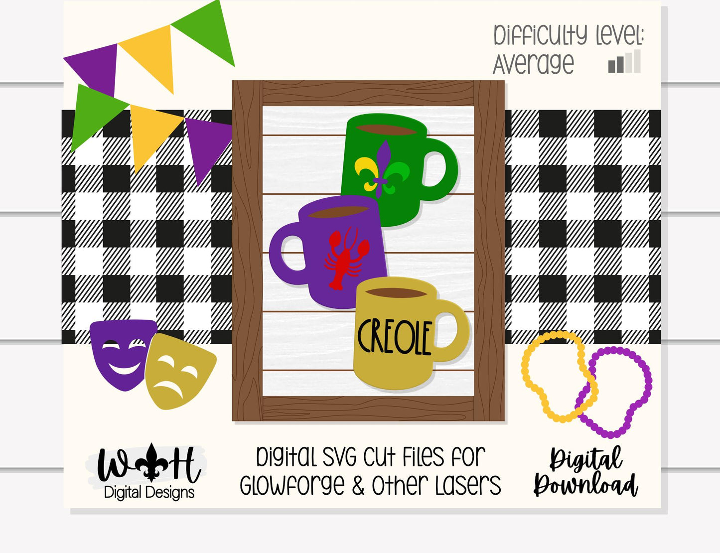 Mardi Gras Creole Stacked Coffee Mugs - Farmhouse Frame Sign - Tier Tray Decor - DIY Kits - Cut File For Glowforge Lasers - Digital SVG File