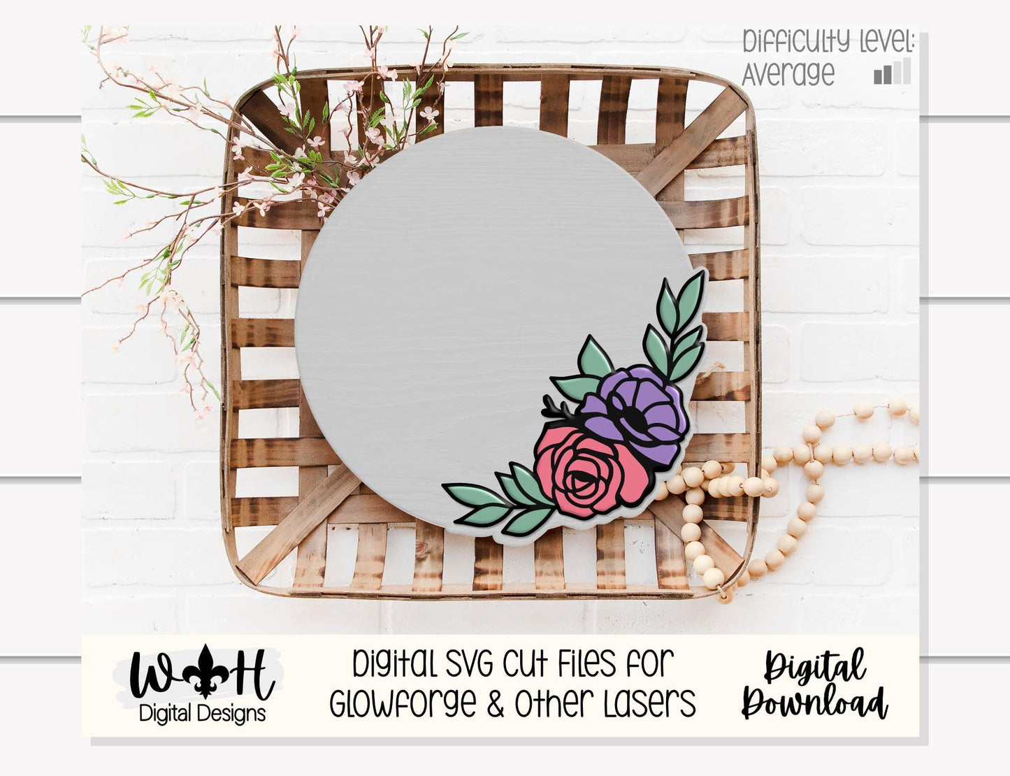 Anna Louise Outline Florals - Door Hanger Rounds - Sign Making and DIY Kits - Layered Floral Cut File For Glowforge Laser - Digital SVG File