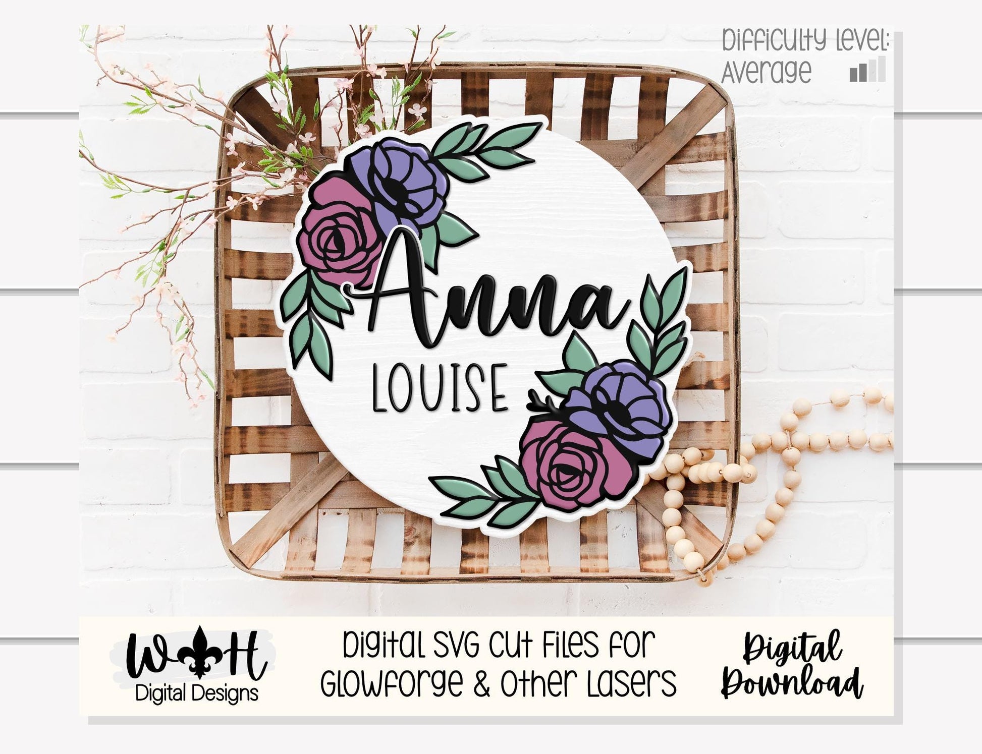 Anna Louise Outline Florals - Door Hanger Rounds - Sign Making and DIY Kits - Layered Floral Cut File For Glowforge Laser - Digital SVG File