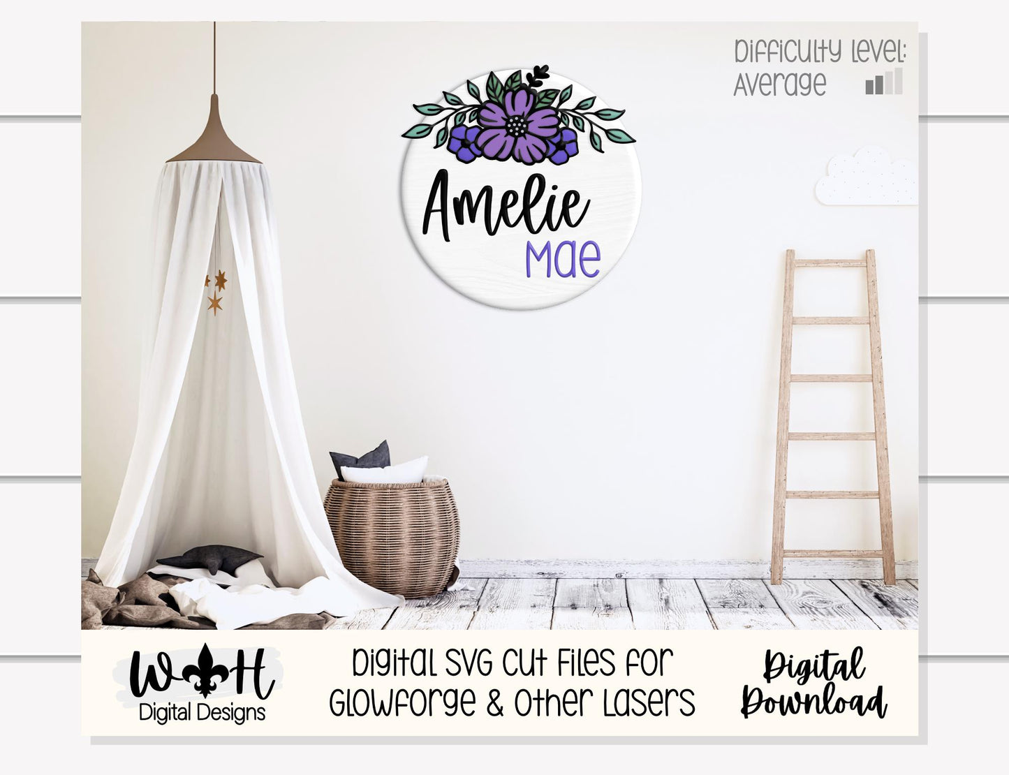 Amelie Mae Outline Floral - Door Hanger and Nursery Rounds - Sign Making and DIY Kits - Easy Cut File For Glowforge Laser - Digital SVG File