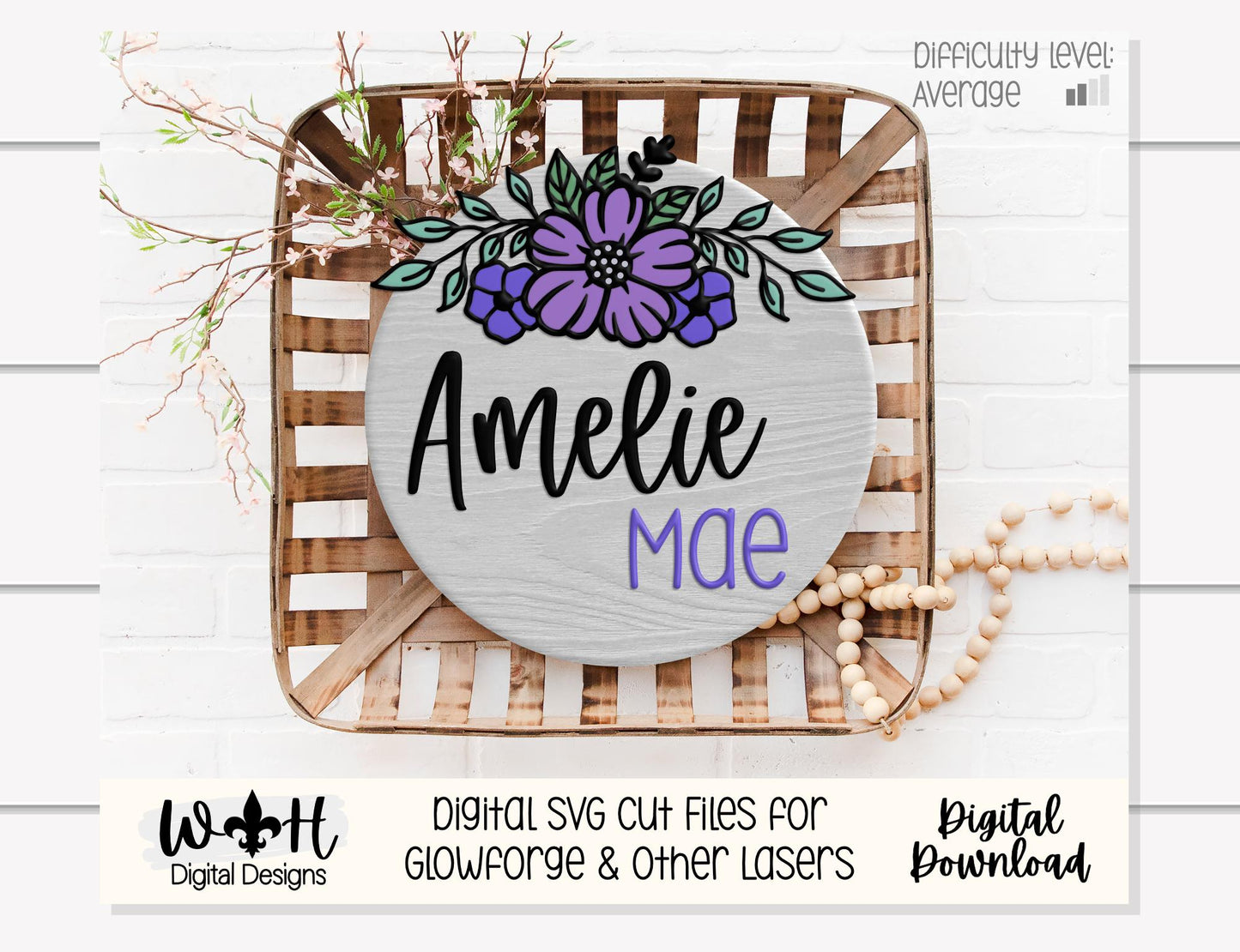 Amelie Mae Outline Floral - Door Hanger and Nursery Rounds - Sign Making and DIY Kits - Easy Cut File For Glowforge Laser - Digital SVG File