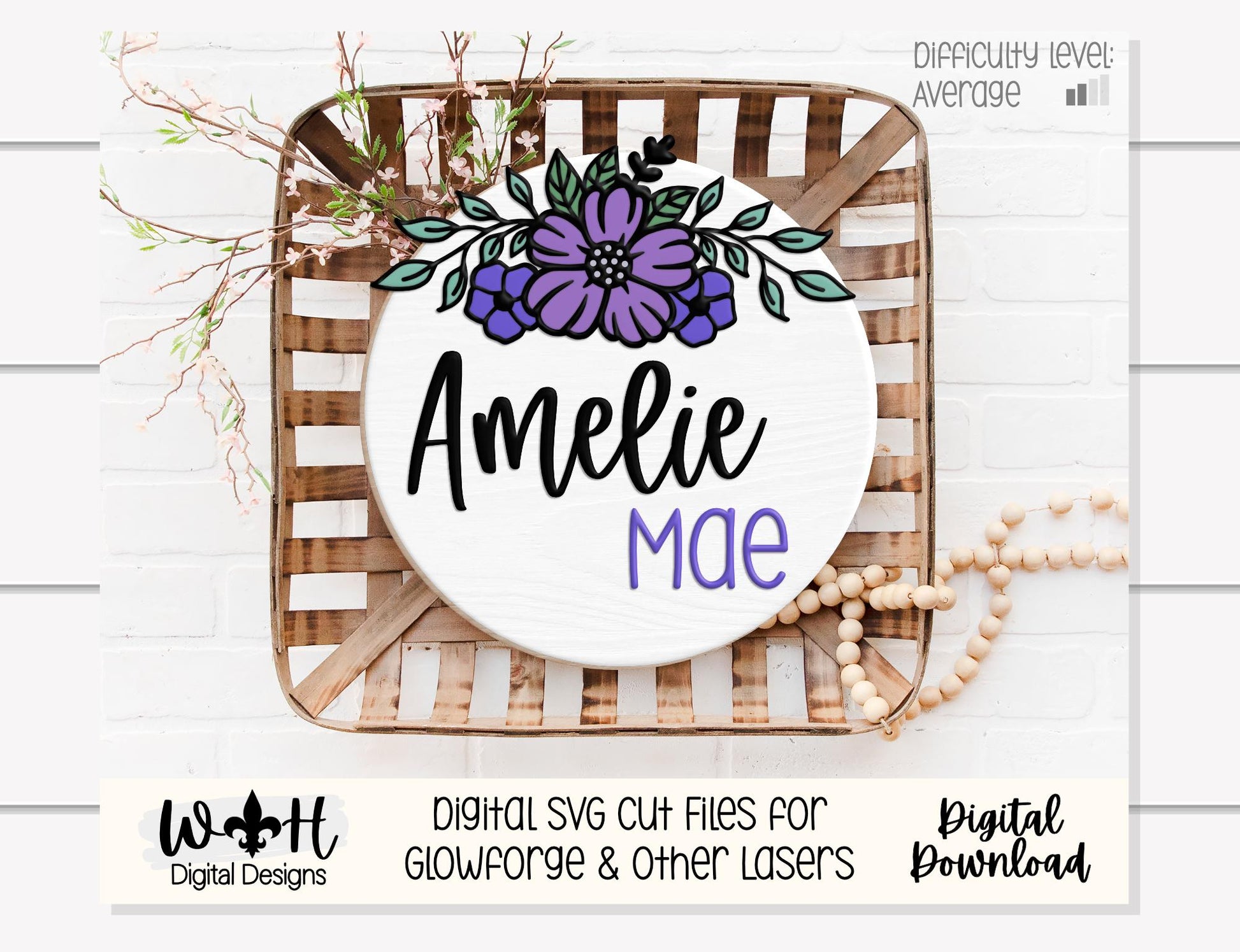 Amelie Mae Outline Floral - Door Hanger and Nursery Rounds - Sign Making and DIY Kits - Easy Cut File For Glowforge Laser - Digital SVG File