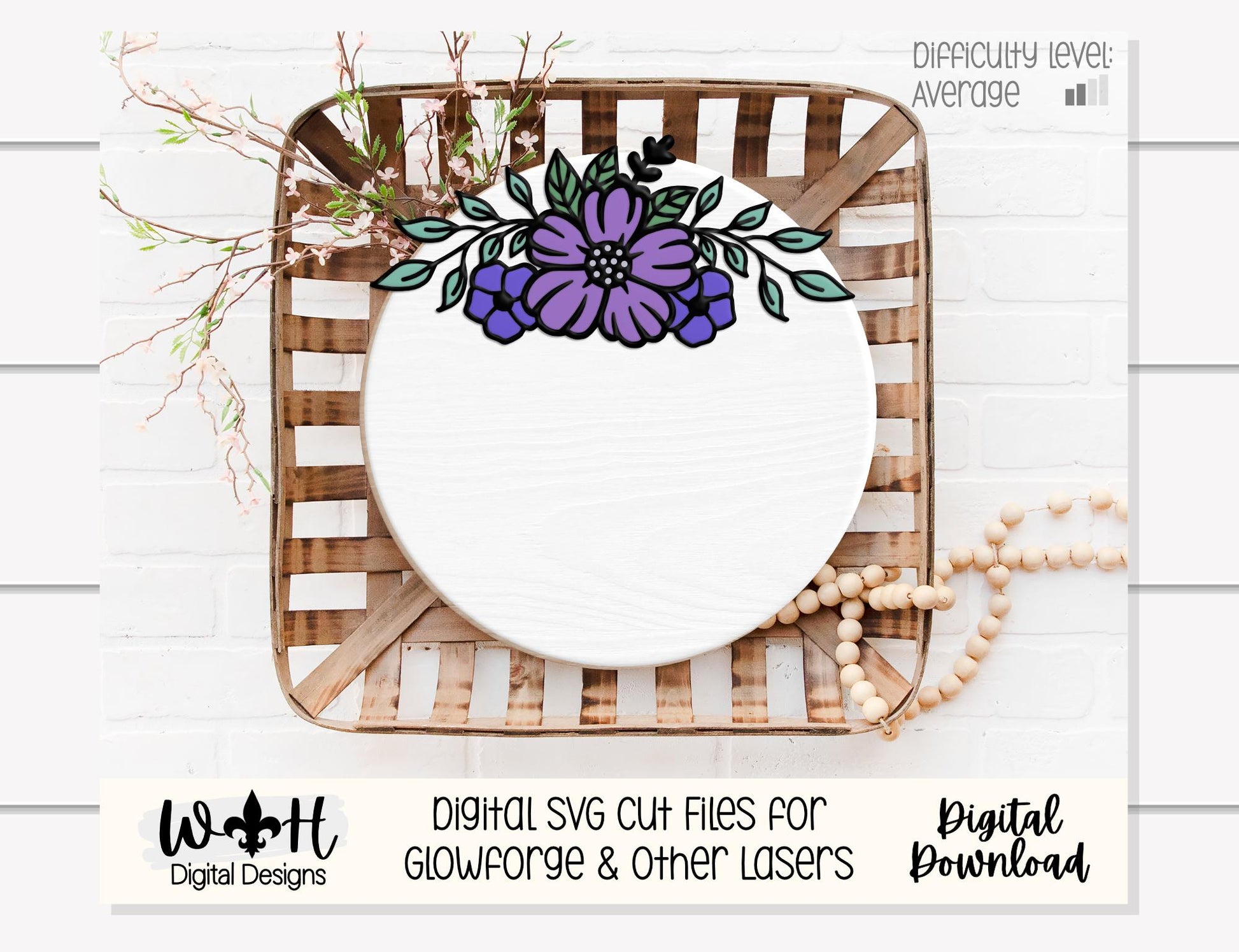 Amelie Mae Outline Floral - Door Hanger and Nursery Rounds - Sign Making and DIY Kits - Easy Cut File For Glowforge Laser - Digital SVG File