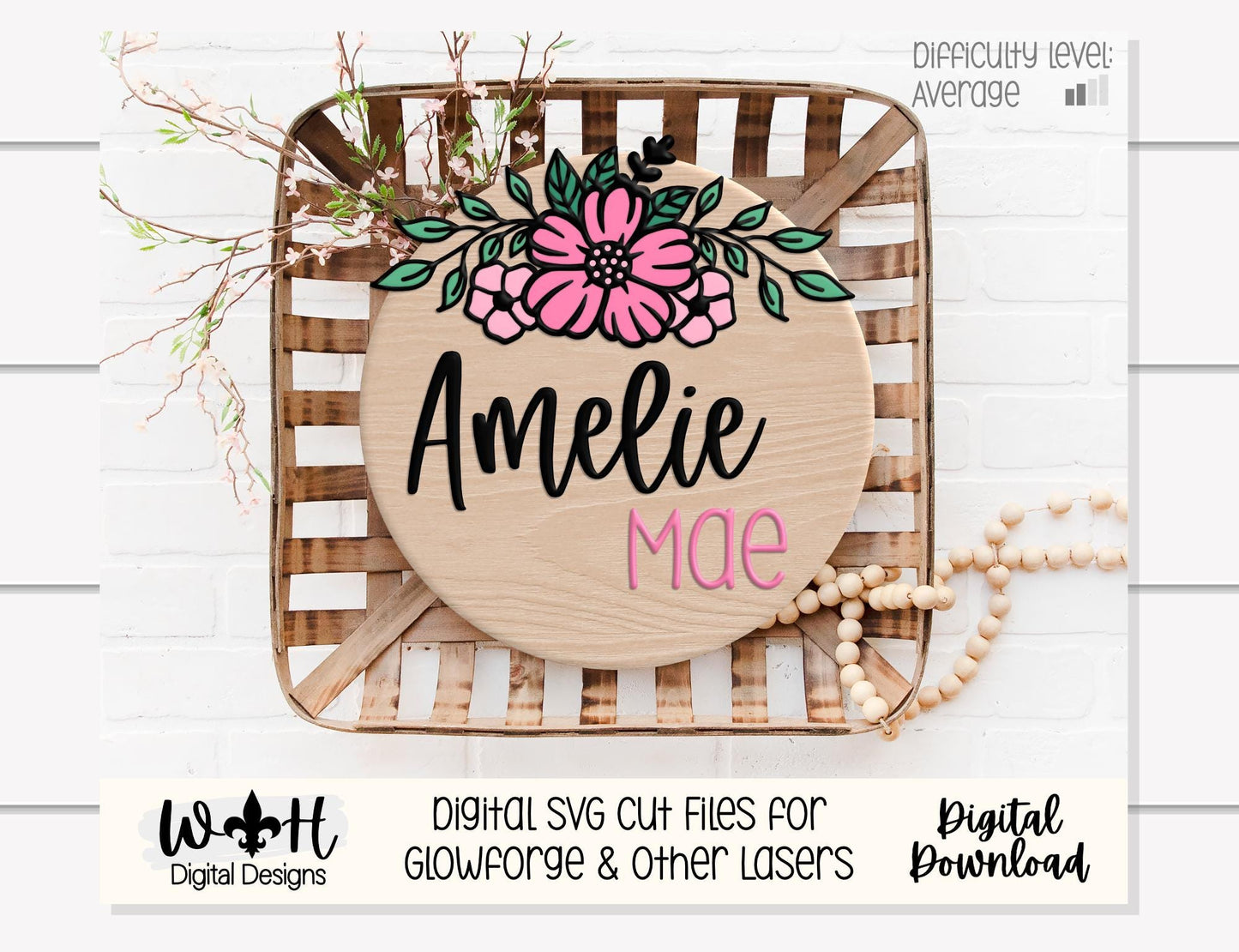 Amelie Mae Outline Floral - Door Hanger and Nursery Rounds - Sign Making and DIY Kits - Easy Cut File For Glowforge Laser - Digital SVG File