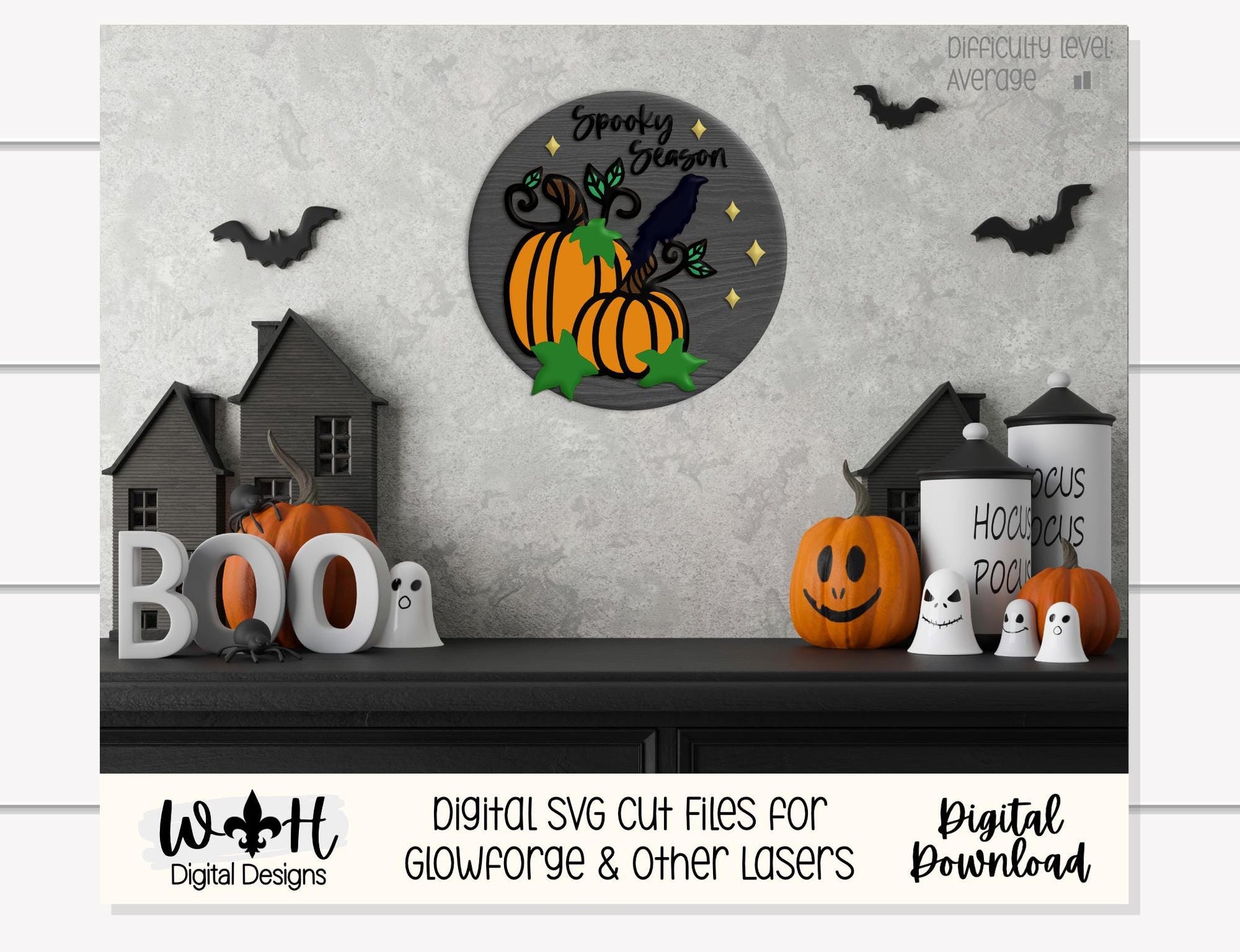 Spooky Pumpkin Season Halloween Door Hanger Round - Seasonal Sign Making and DIY Kits - Cut File For Glowforge Lasers - Digital SVG File