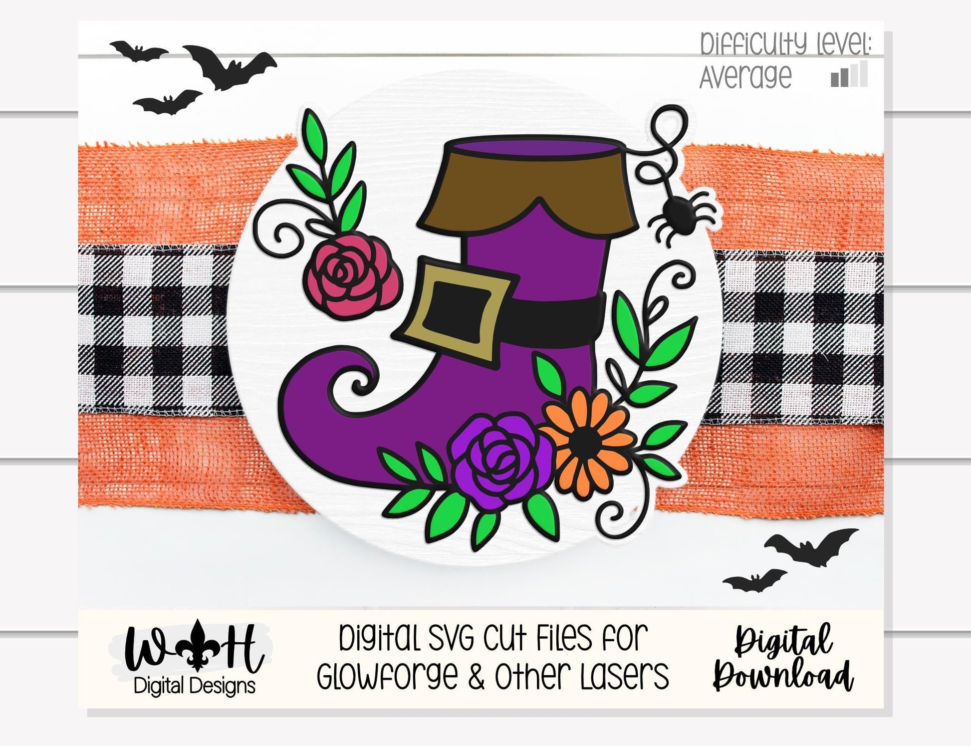 Whimsical Witch Boot Floral - Halloween Door Hanger - Seasonal Sign Making and DIY Kits - Cut File For Glowforge Lasers - Digital SVG File