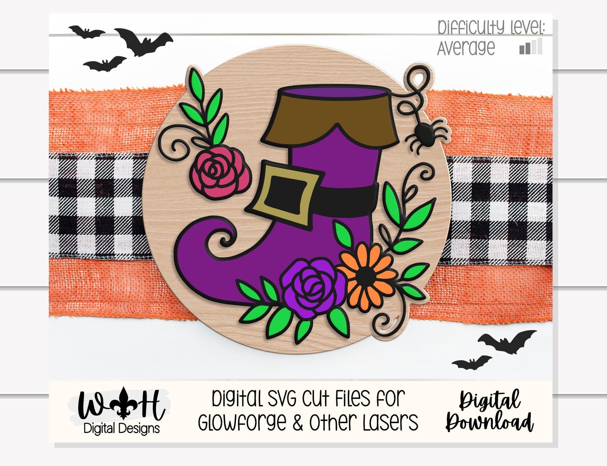 Whimsical Witch Boot Floral - Halloween Door Hanger - Seasonal Sign Making and DIY Kits - Cut File For Glowforge Lasers - Digital SVG File