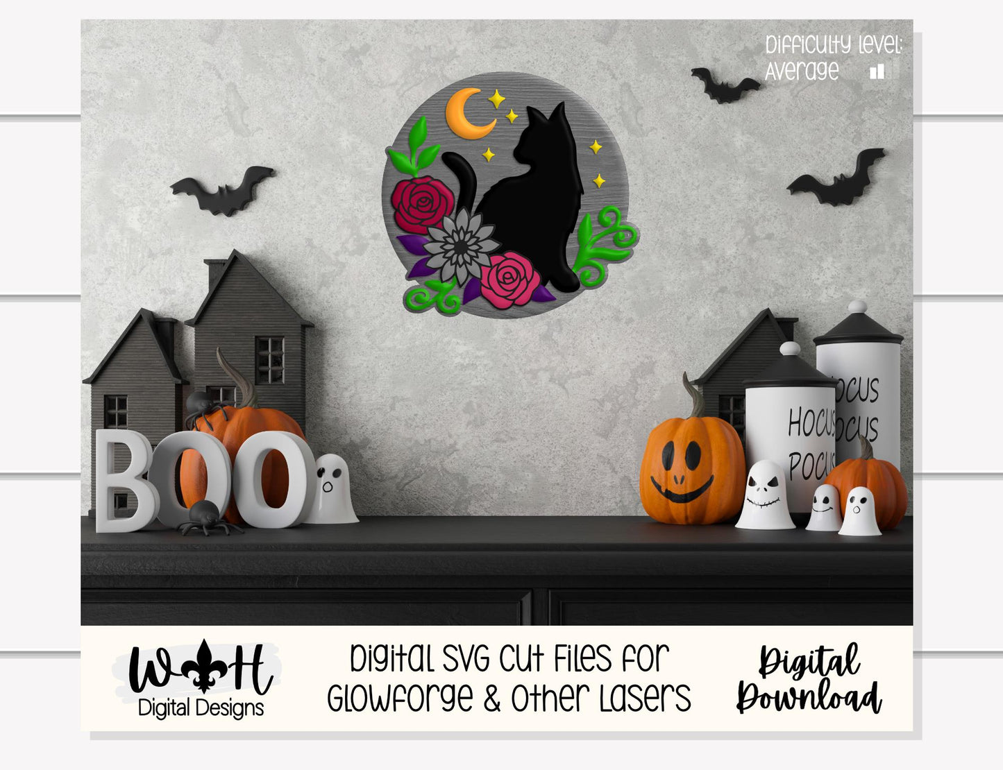 Whimsical Black Cat Floral - Halloween Door Hanger - Seasonal Sign Making and DIY Kits - Cut File For Glowforge Lasers - Digital SVG File