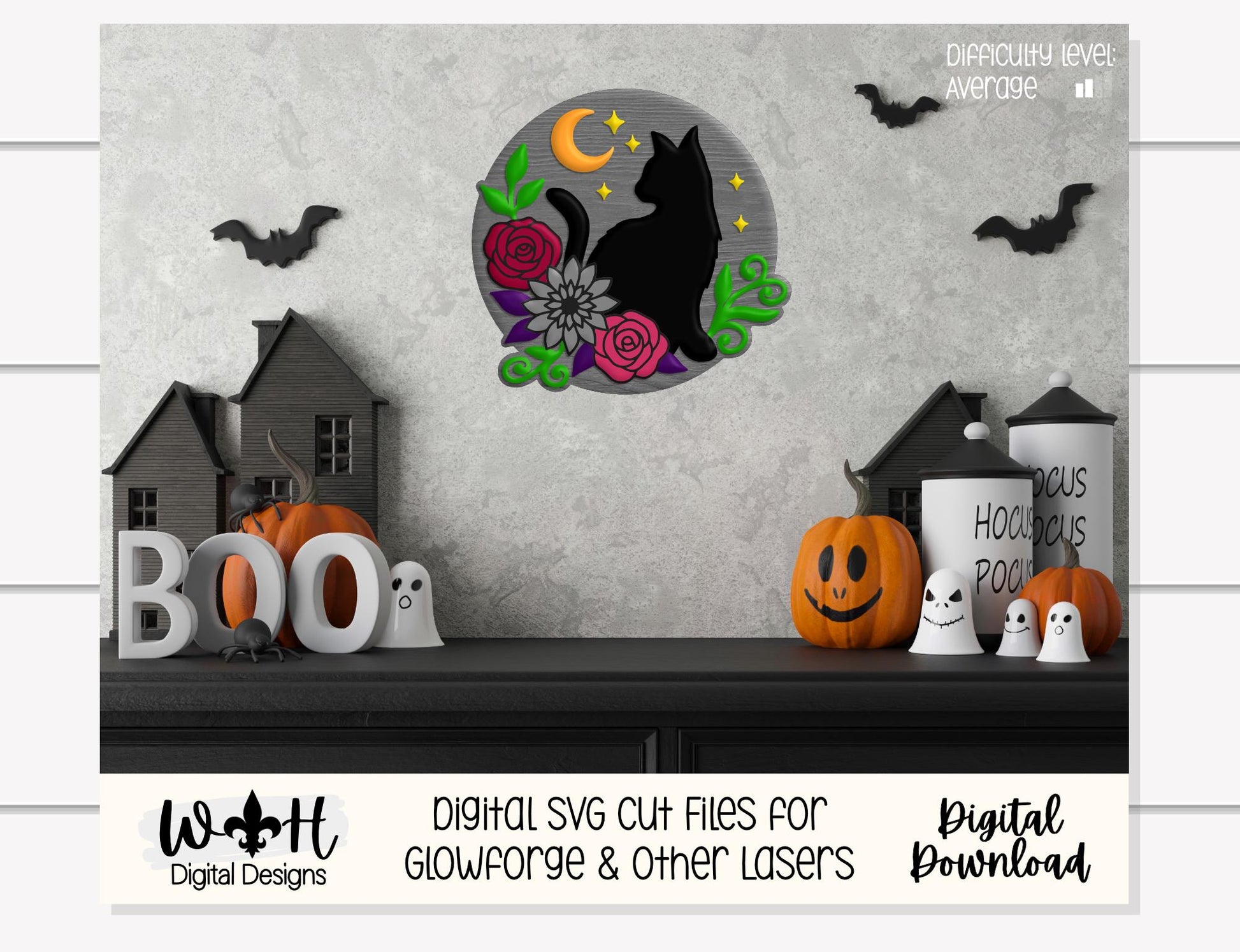 Whimsical Black Cat Floral - Halloween Door Hanger - Seasonal Sign Making and DIY Kits - Cut File For Glowforge Lasers - Digital SVG File