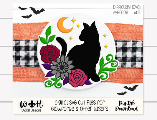 Whimsical Black Cat Floral - Halloween Door Hanger - Seasonal Sign Making and DIY Kits - Cut File For Glowforge Lasers - Digital SVG File