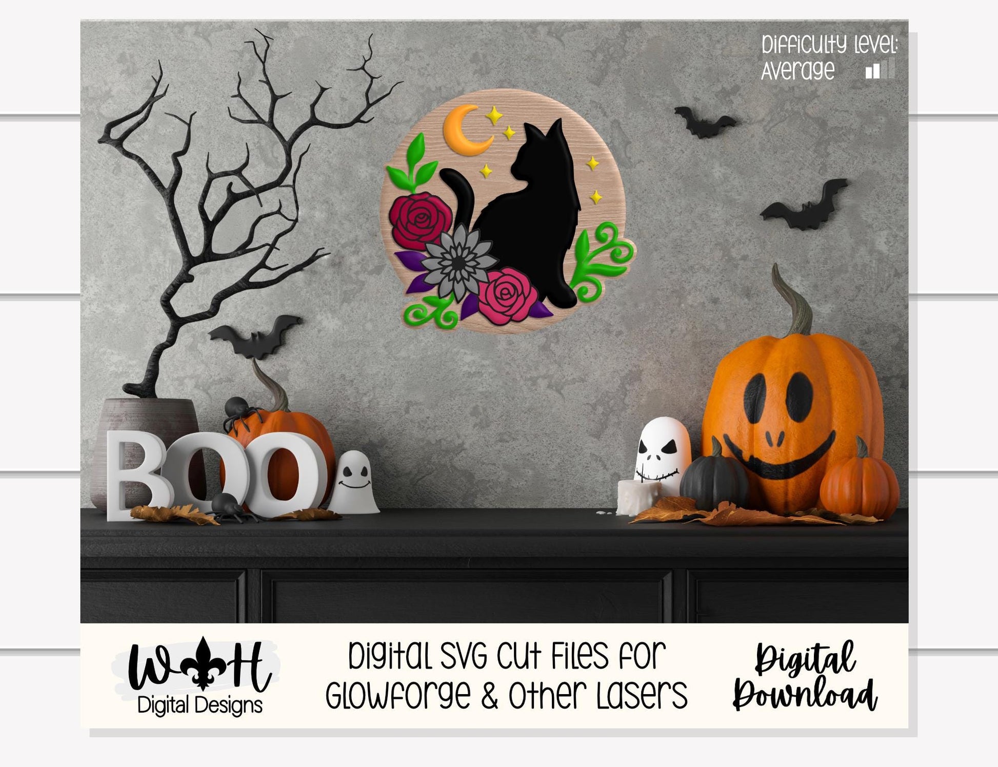 Whimsical Black Cat Floral - Halloween Door Hanger - Seasonal Sign Making and DIY Kits - Cut File For Glowforge Lasers - Digital SVG File