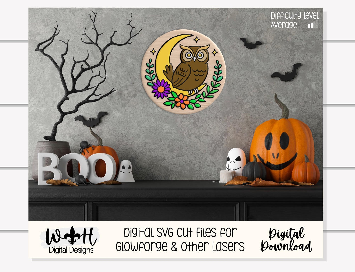 Whimsical Celestial Owl Floral Round - Halloween Door Hanger - Seasonal Sign Making and DIY Kits - Digital SVG Cut File For Glowforge Lasers