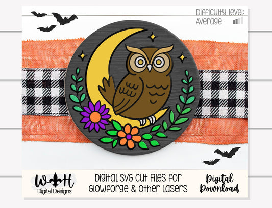 Whimsical Celestial Owl Floral Round - Halloween Door Hanger - Seasonal Sign Making and DIY Kits - Digital SVG Cut File For Glowforge Lasers