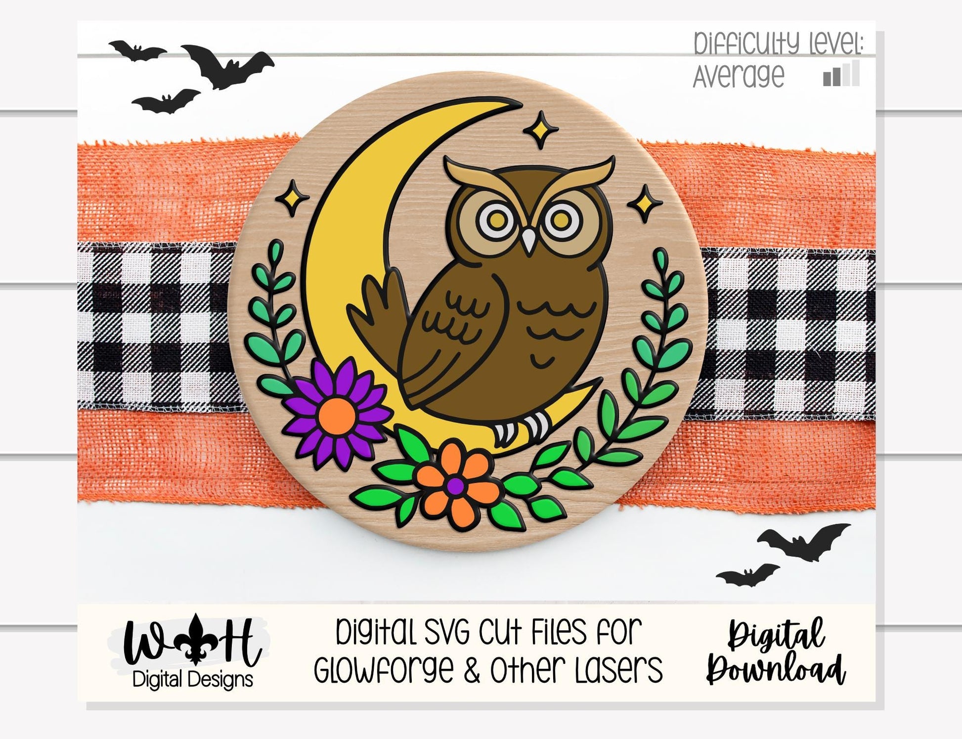 Whimsical Celestial Owl Floral Round - Halloween Door Hanger - Seasonal Sign Making and DIY Kits - Digital SVG Cut File For Glowforge Lasers