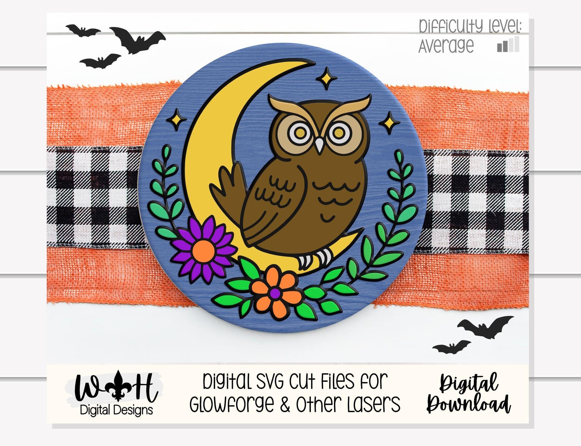 Whimsical Celestial Owl Floral Round - Halloween Door Hanger - Seasonal Sign Making and DIY Kits - Digital SVG Cut File For Glowforge Lasers