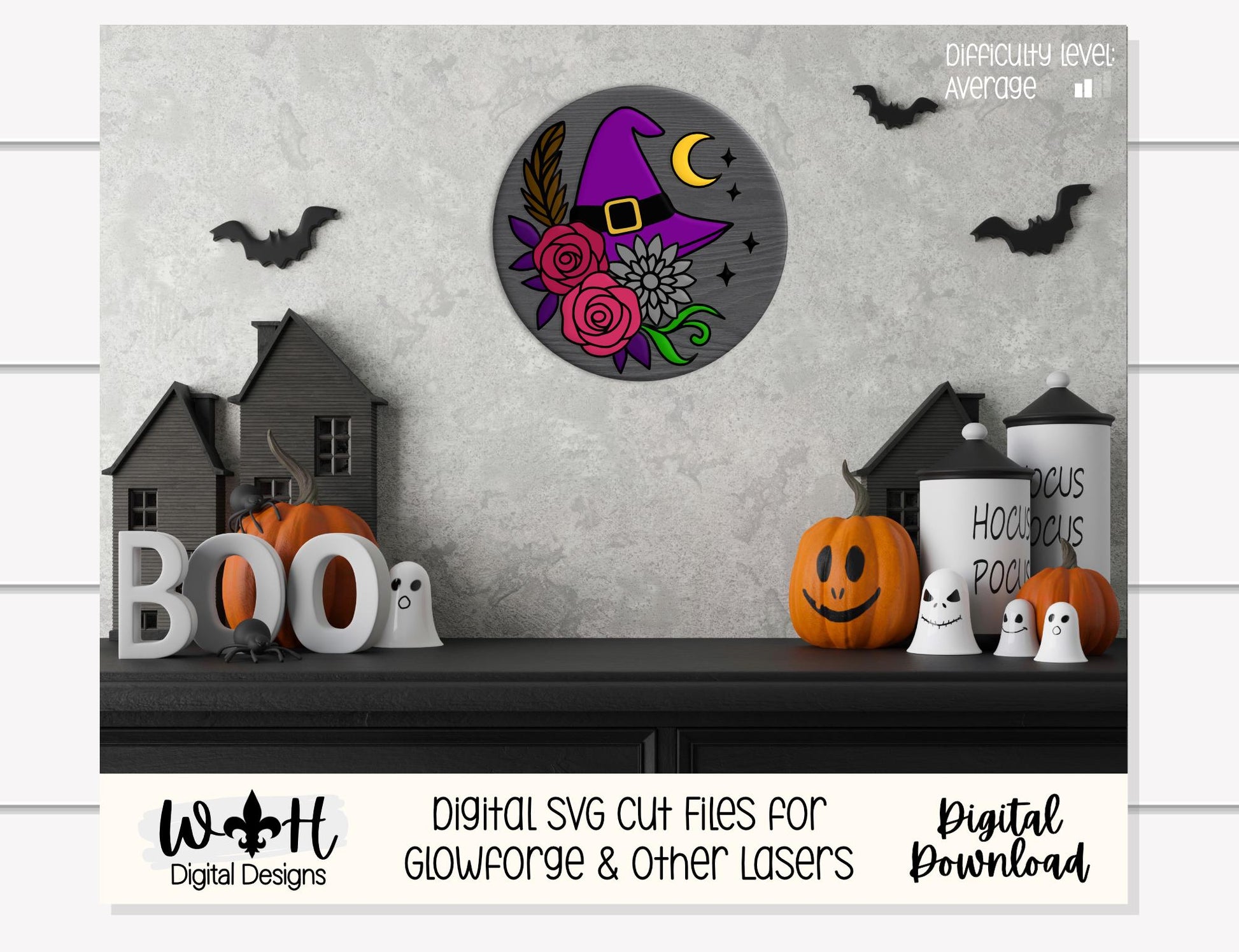 Whimsical Witch Hat Floral - Halloween Door Hanger - Seasonal Sign Making and DIY Kits - Cut File For Glowforge Lasers - Digital SVG File
