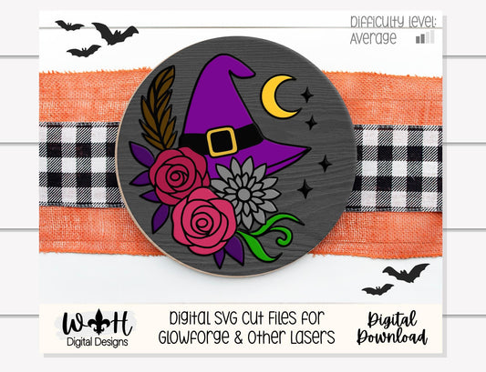 Whimsical Witch Hat Floral - Halloween Door Hanger - Seasonal Sign Making and DIY Kits - Cut File For Glowforge Lasers - Digital SVG File
