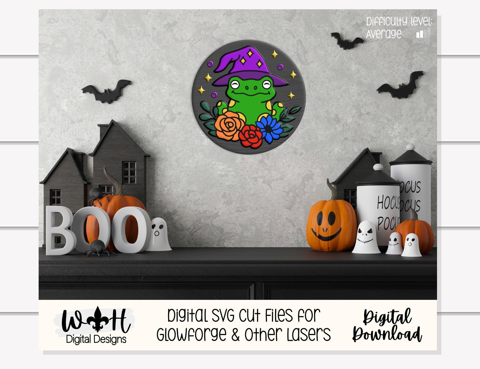 Whimsical Witchy Frog Floral Round - Halloween Door Hanger - Seasonal Sign Making and DIY Kits - Digital SVG Cut File For Glowforge Lasers