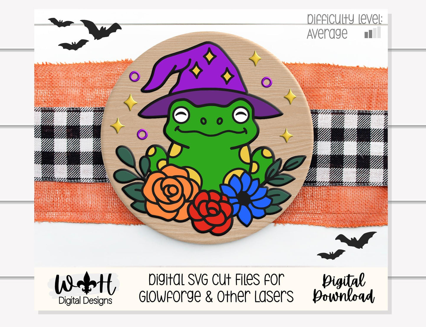 Whimsical Witchy Frog Floral Round - Halloween Door Hanger - Seasonal Sign Making and DIY Kits - Digital SVG Cut File For Glowforge Lasers