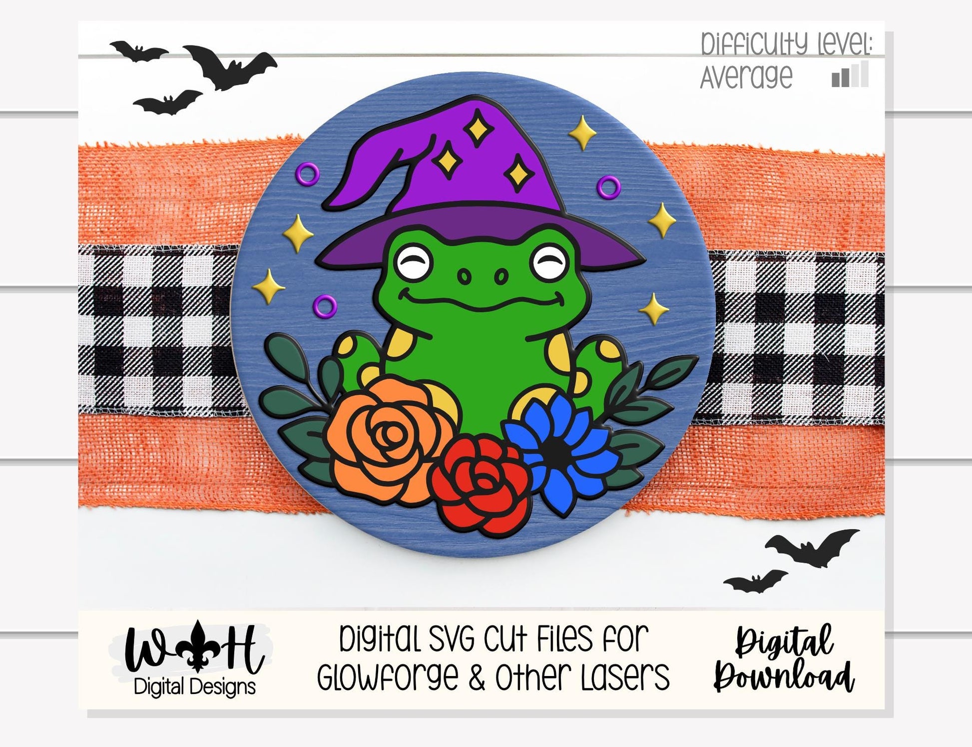 Whimsical Witchy Frog Floral Round - Halloween Door Hanger - Seasonal Sign Making and DIY Kits - Digital SVG Cut File For Glowforge Lasers