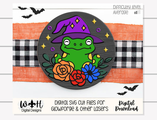 Whimsical Witchy Frog Floral Round - Halloween Door Hanger - Seasonal Sign Making and DIY Kits - Digital SVG Cut File For Glowforge Lasers