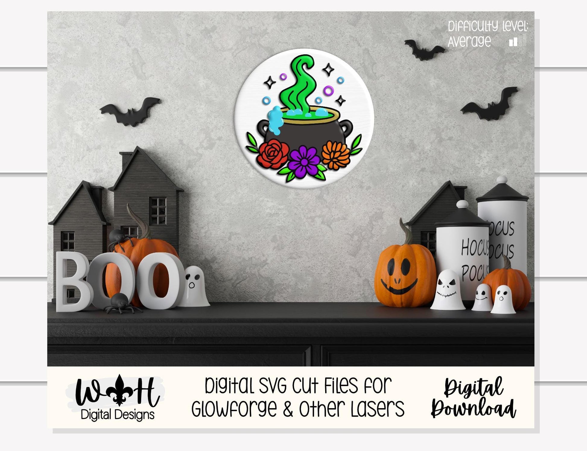 Whimsical Witch Cauldron Floral Round - Halloween Door Hanger - Seasonal Sign Making and DIY Kits - Digital SVG Cut File For Glowforge Laser
