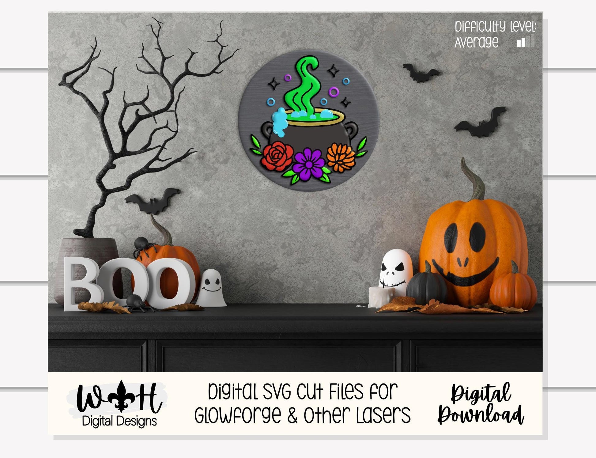 Whimsical Witch Cauldron Floral Round - Halloween Door Hanger - Seasonal Sign Making and DIY Kits - Digital SVG Cut File For Glowforge Laser