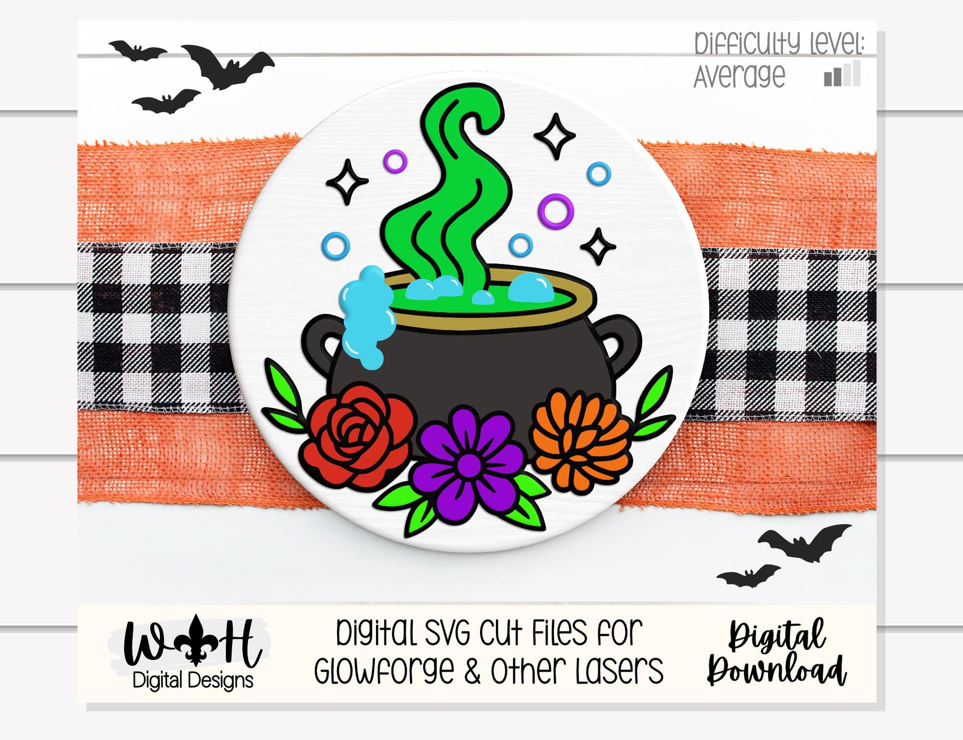 Whimsical Witch Cauldron Floral Round - Halloween Door Hanger - Seasonal Sign Making and DIY Kits - Digital SVG Cut File For Glowforge Laser