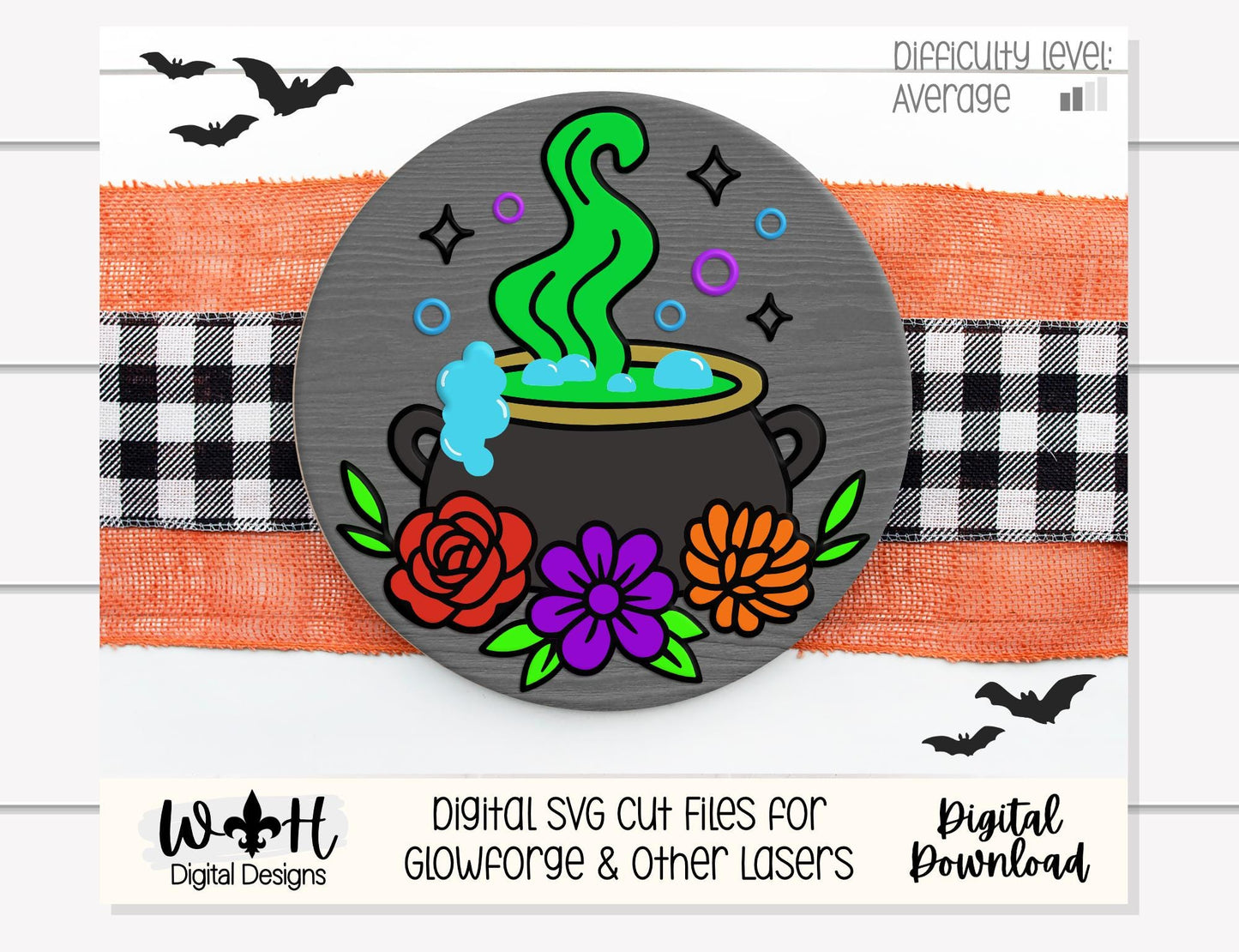 Whimsical Witch Cauldron Floral Round - Halloween Door Hanger - Seasonal Sign Making and DIY Kits - Digital SVG Cut File For Glowforge Laser
