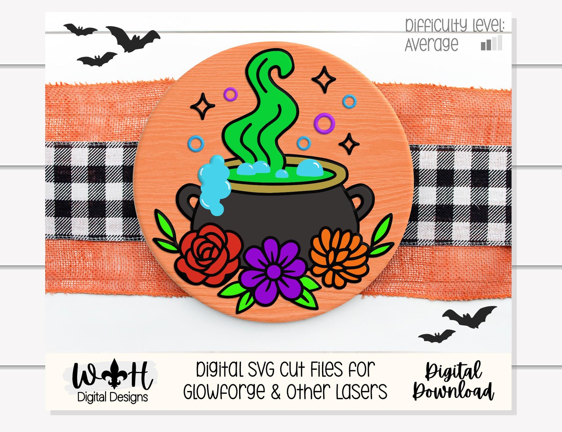 Whimsical Witch Cauldron Floral Round - Halloween Door Hanger - Seasonal Sign Making and DIY Kits - Digital SVG Cut File For Glowforge Laser