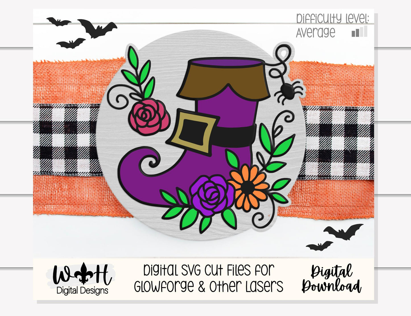 Whimsical Witch Boot Floral - Halloween Door Hanger - Seasonal Sign Making and DIY Kits - Cut File For Glowforge Lasers - Digital SVG File
