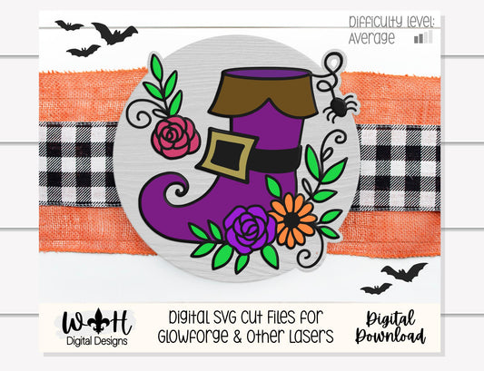 Whimsical Witch Boot Floral - Halloween Door Hanger - Seasonal Sign Making and DIY Kits - Cut File For Glowforge Lasers - Digital SVG File