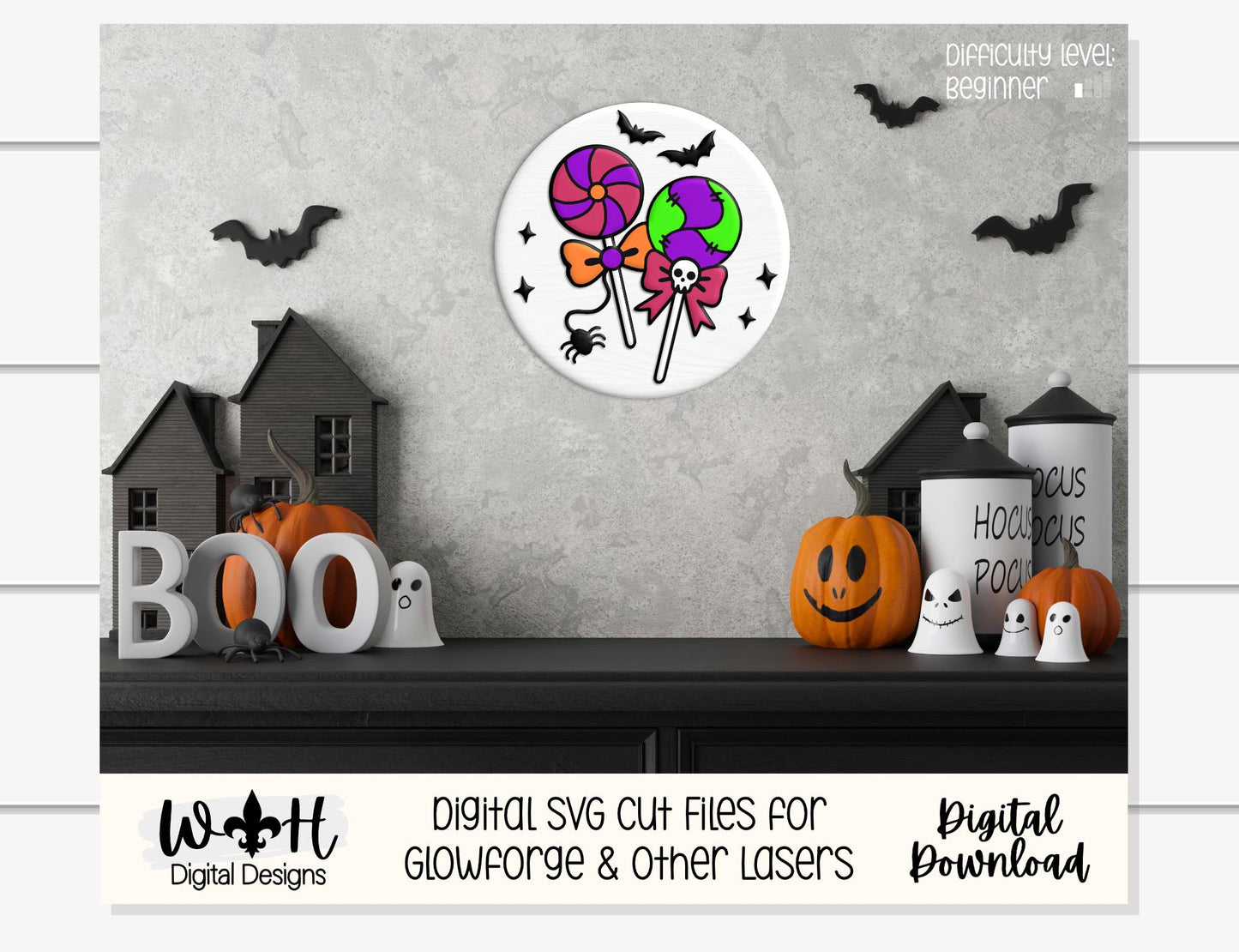 Tricks and Treats Halloween Lollipops - Seasonal Door Hanger Round - Sign Making and DIY Kits - Digital SVG Cut File For Glowforge Laser