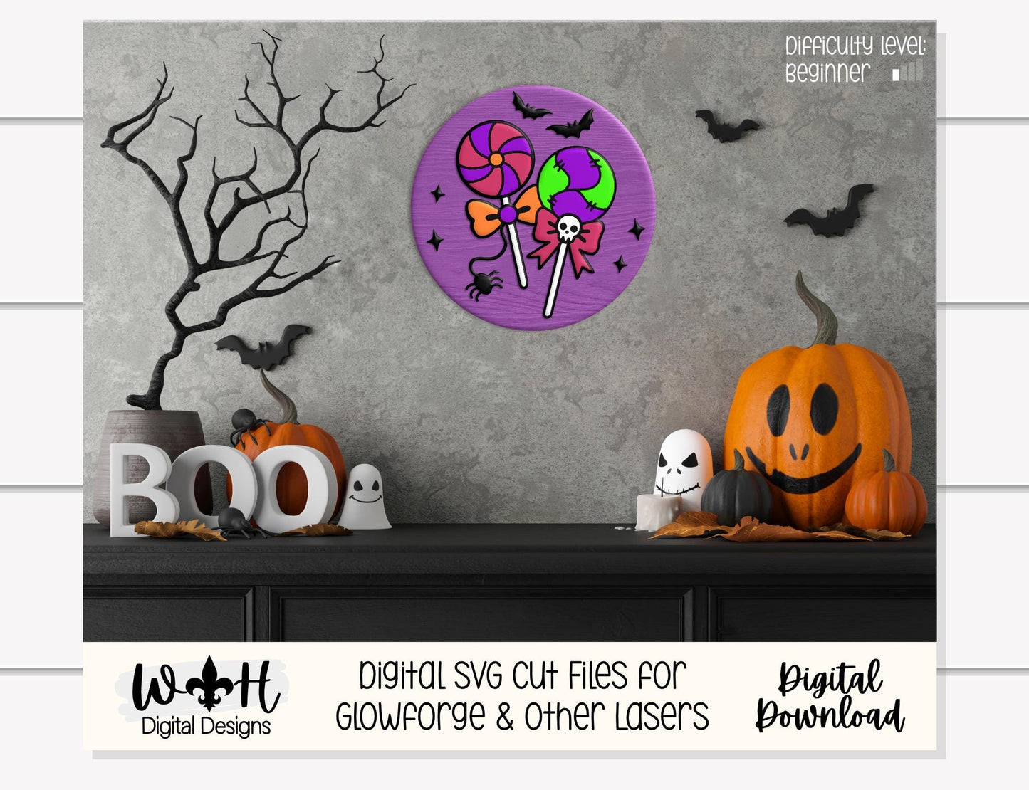Tricks and Treats Halloween Lollipops - Seasonal Door Hanger Round - Sign Making and DIY Kits - Digital SVG Cut File For Glowforge Laser