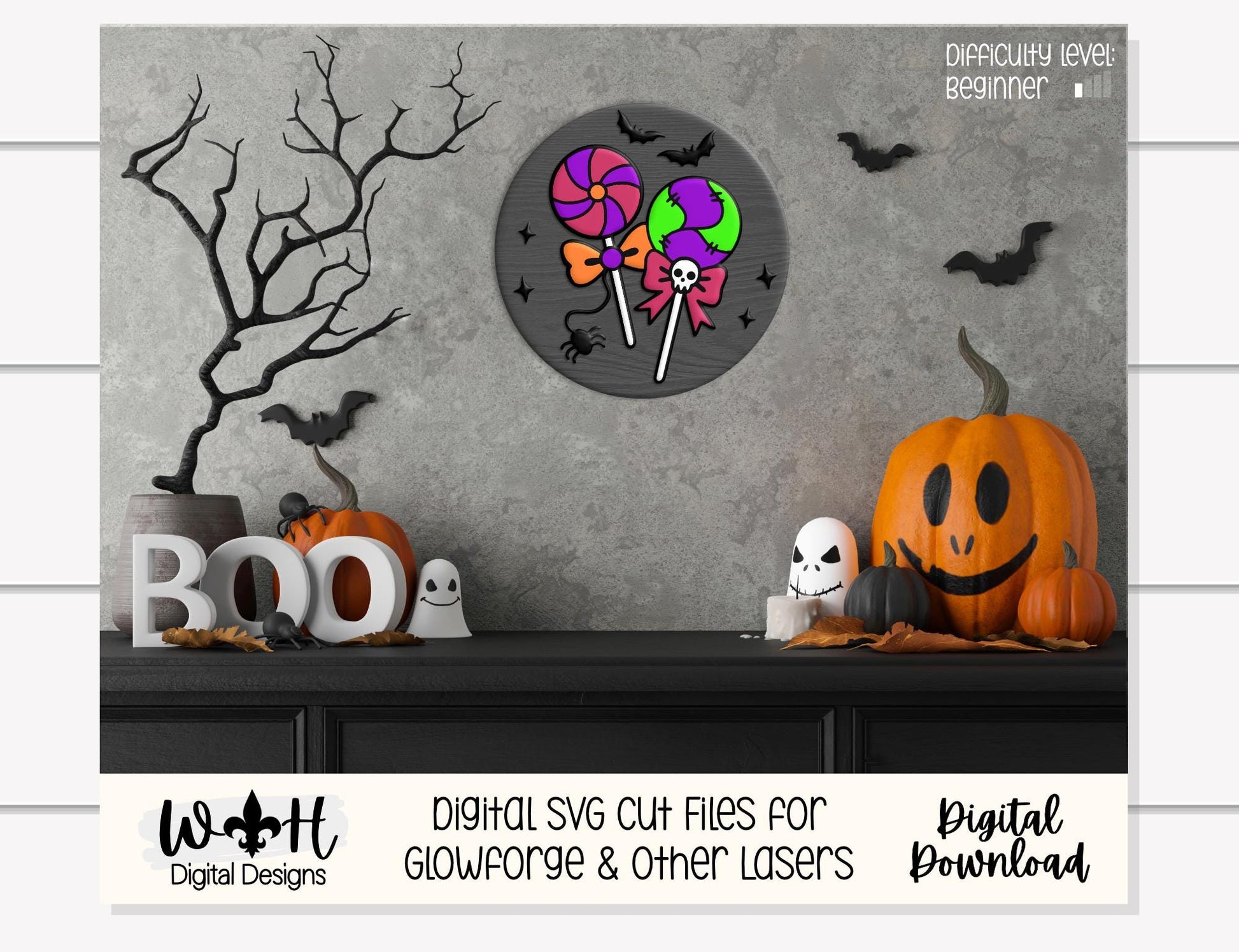 Tricks and Treats Halloween Lollipops - Seasonal Door Hanger Round - Sign Making and DIY Kits - Digital SVG Cut File For Glowforge Laser