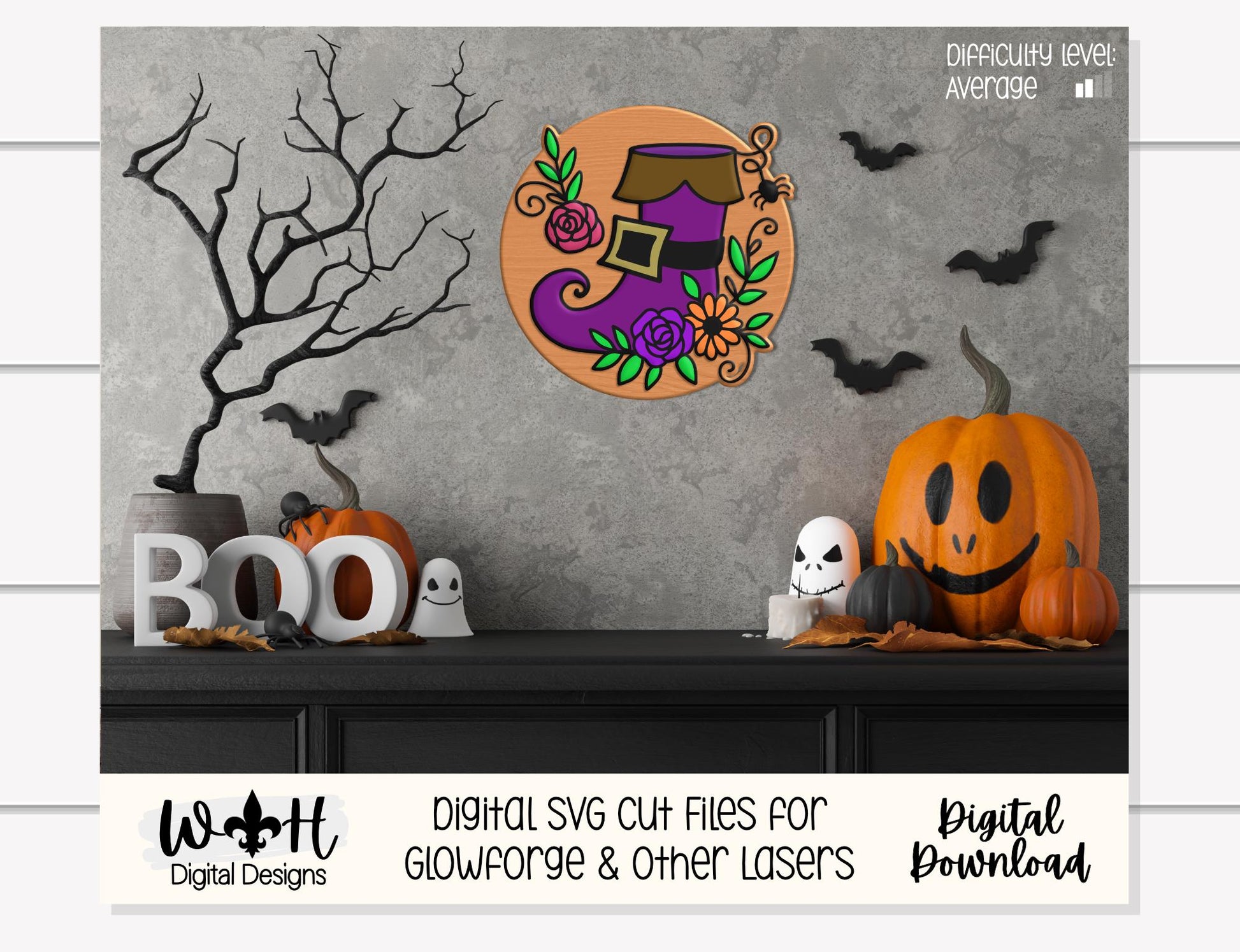 Whimsical Witch Boot Floral - Halloween Door Hanger - Seasonal Sign Making and DIY Kits - Cut File For Glowforge Lasers - Digital SVG File