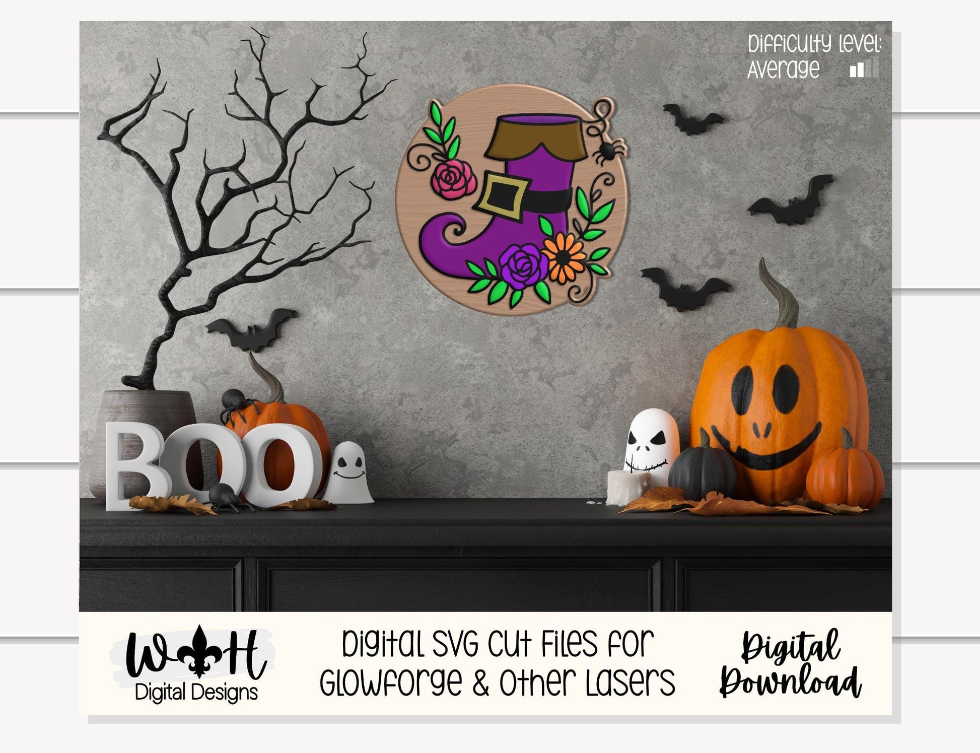 Whimsical Witch Boot Floral - Halloween Door Hanger - Seasonal Sign Making and DIY Kits - Cut File For Glowforge Lasers - Digital SVG File