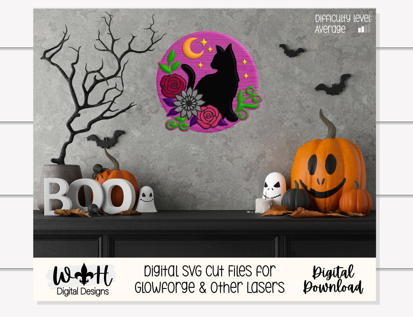 Whimsical Black Cat Floral - Halloween Door Hanger - Seasonal Sign Making and DIY Kits - Cut File For Glowforge Lasers - Digital SVG File