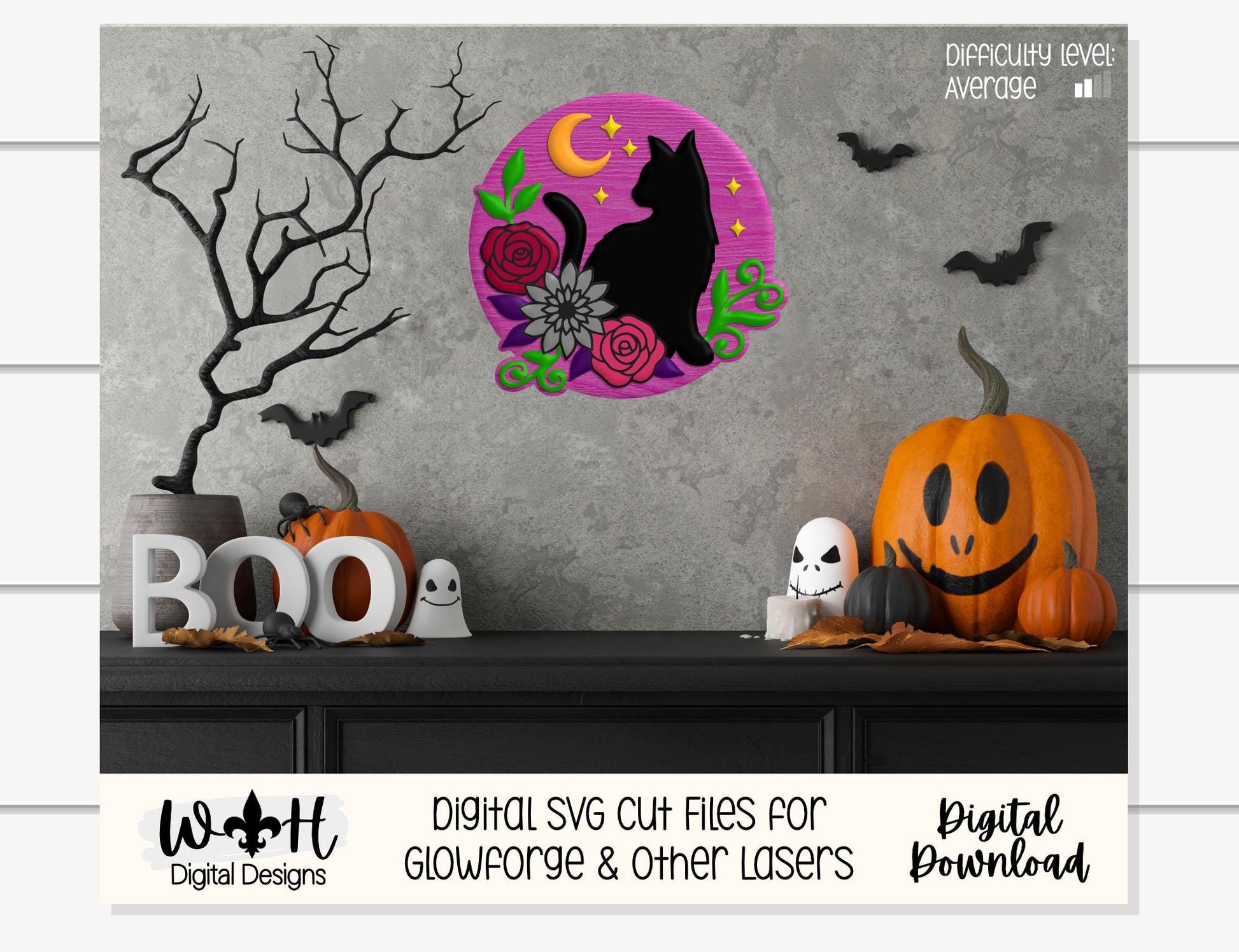 Whimsical Black Cat Floral - Halloween Door Hanger - Seasonal Sign Making and DIY Kits - Cut File For Glowforge Lasers - Digital SVG File