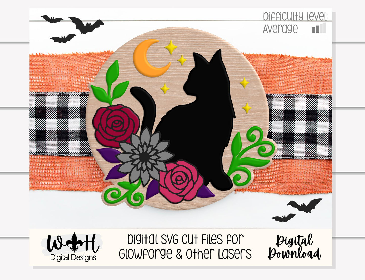 Whimsical Black Cat Floral - Halloween Door Hanger - Seasonal Sign Making and DIY Kits - Cut File For Glowforge Lasers - Digital SVG File