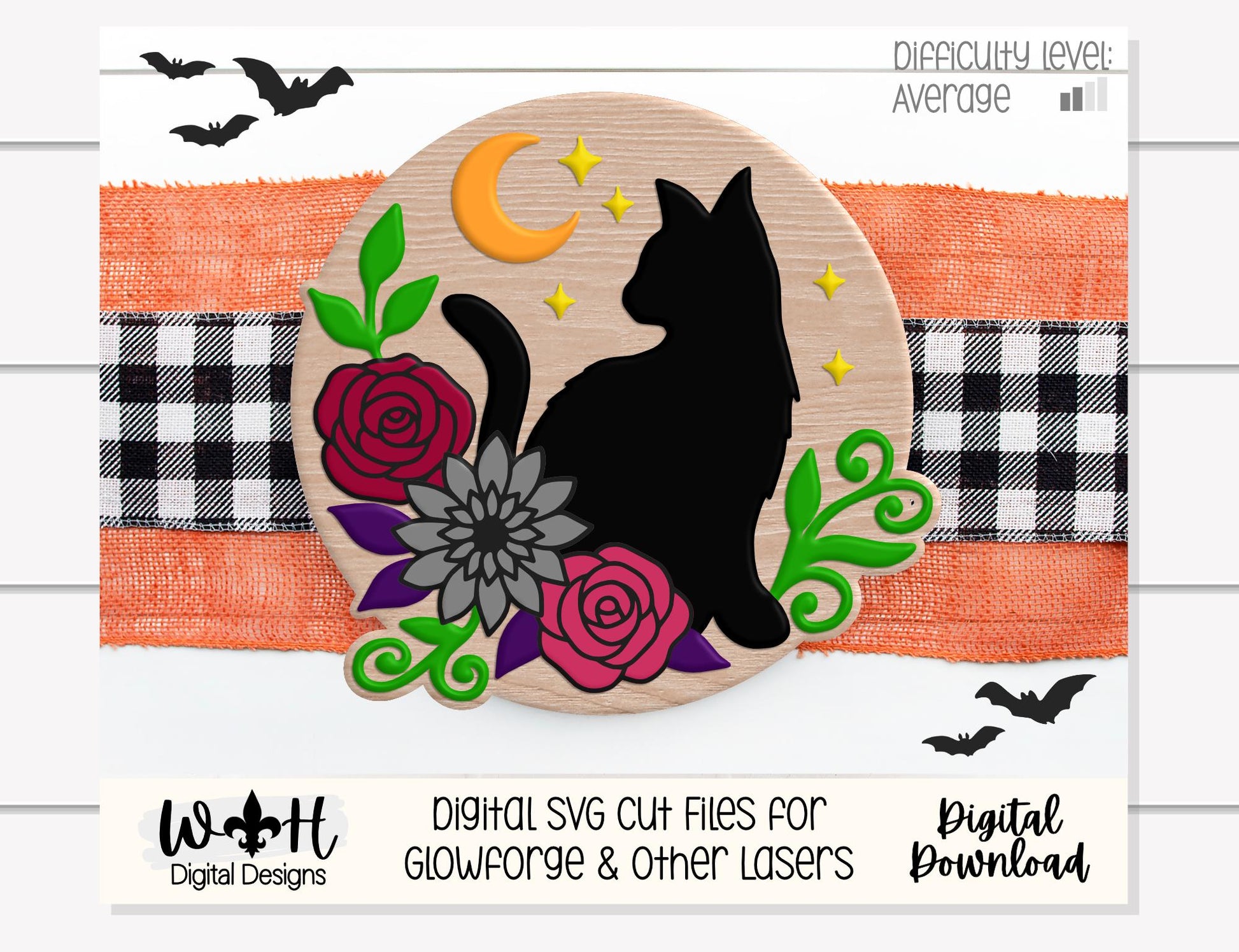 Whimsical Black Cat Floral - Halloween Door Hanger - Seasonal Sign Making and DIY Kits - Cut File For Glowforge Lasers - Digital SVG File
