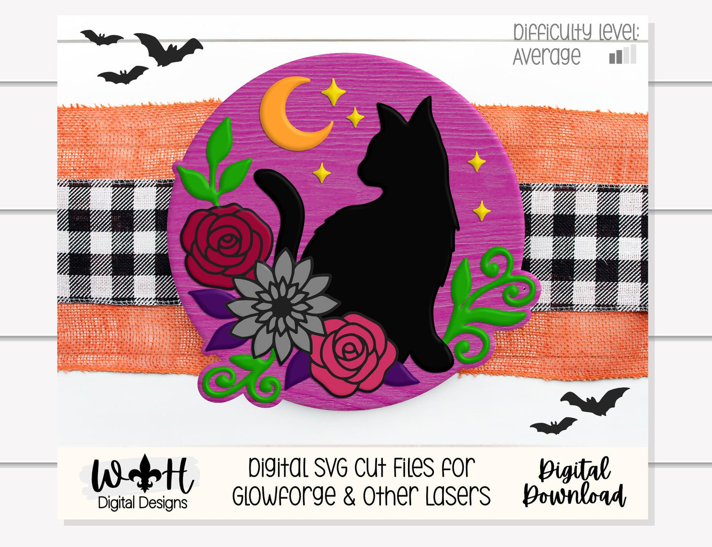 Whimsical Black Cat Floral - Halloween Door Hanger - Seasonal Sign Making and DIY Kits - Cut File For Glowforge Lasers - Digital SVG File