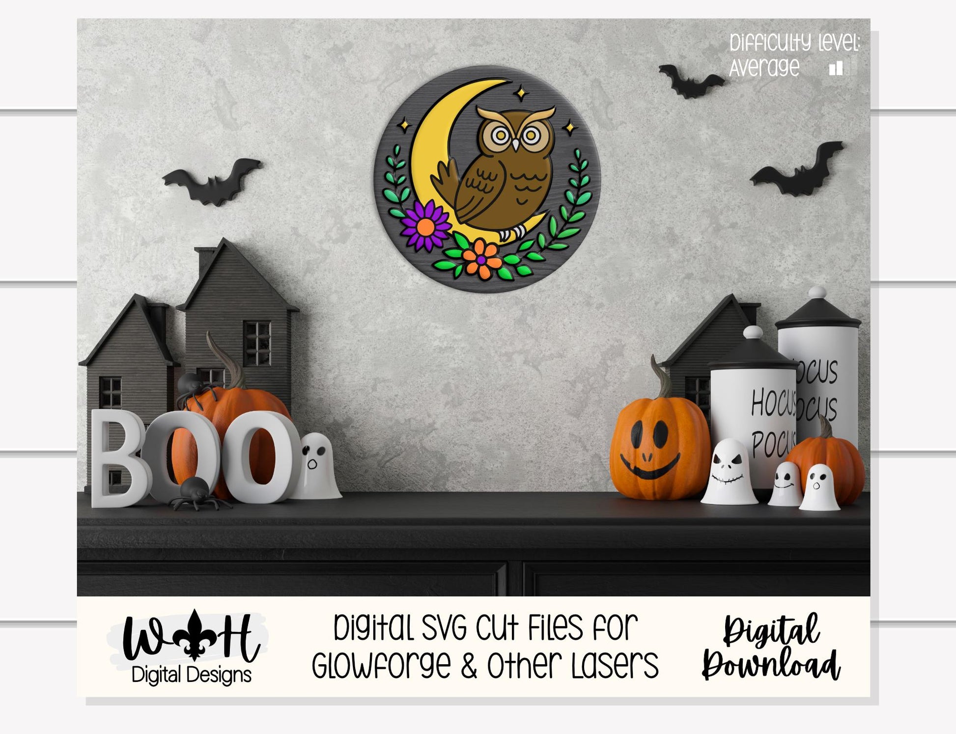 Whimsical Celestial Owl Floral Round - Halloween Door Hanger - Seasonal Sign Making and DIY Kits - Digital SVG Cut File For Glowforge Lasers