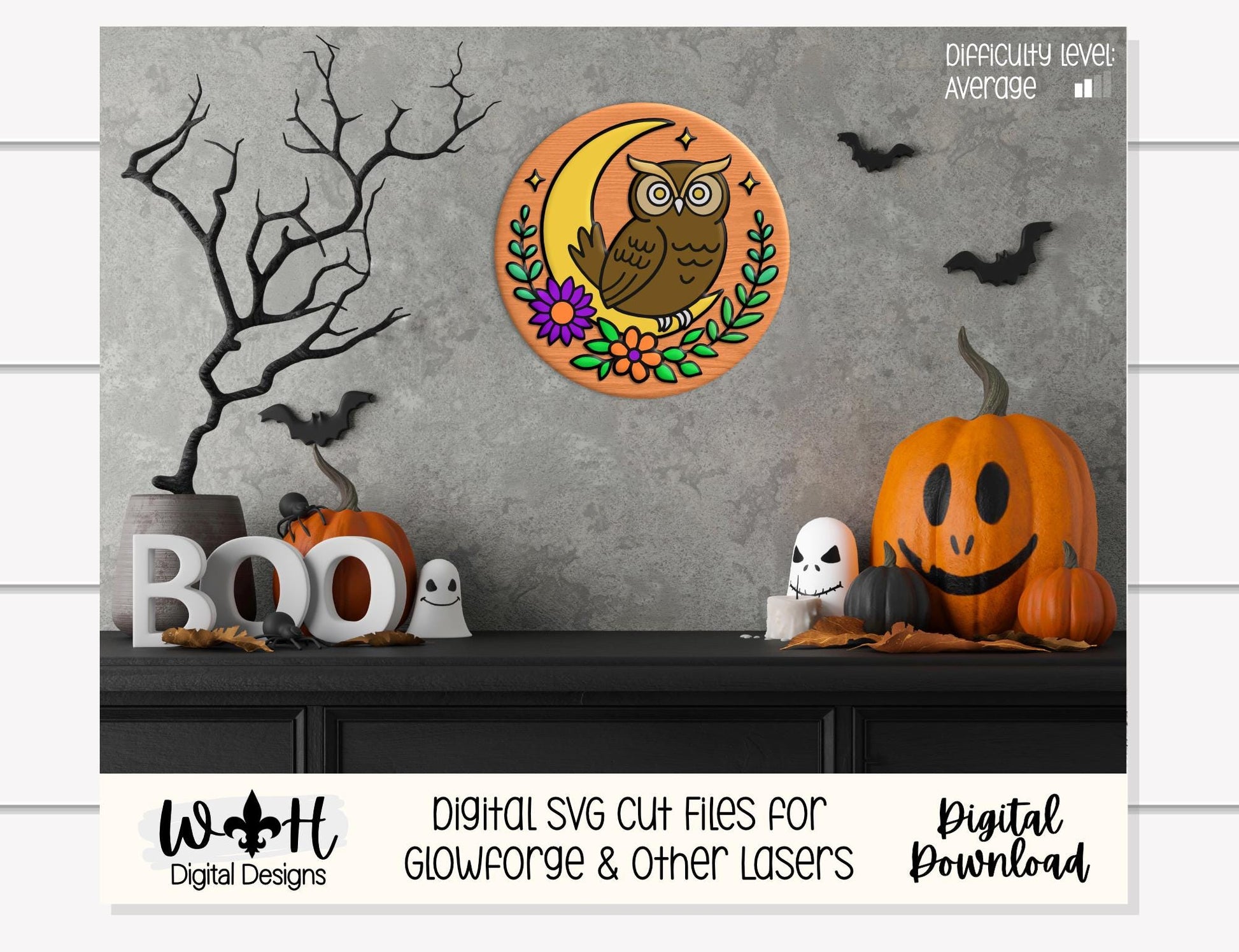 Whimsical Celestial Owl Floral Round - Halloween Door Hanger - Seasonal Sign Making and DIY Kits - Digital SVG Cut File For Glowforge Lasers